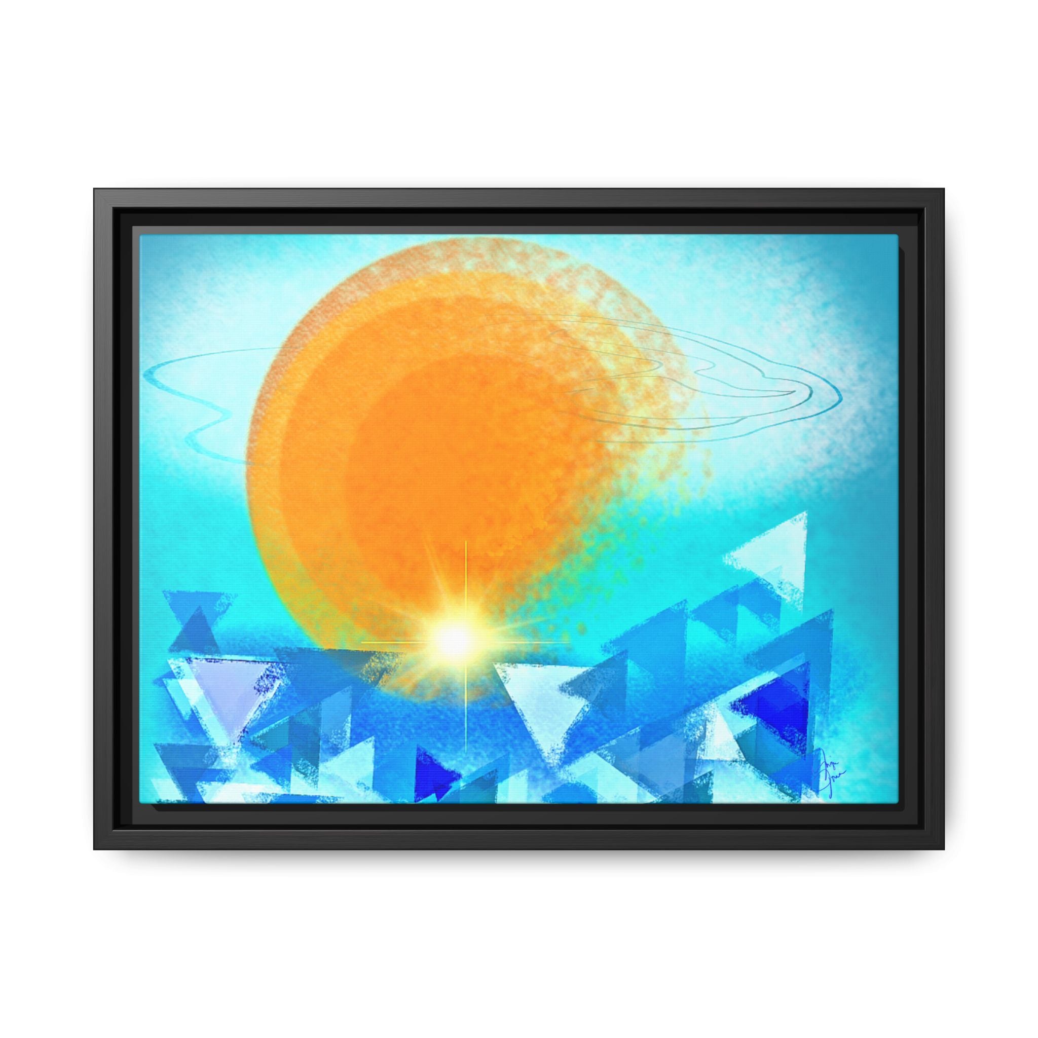 Abstract Sunrise Framed Canvas Art – Orange Sun Over Blue Geometric Waves