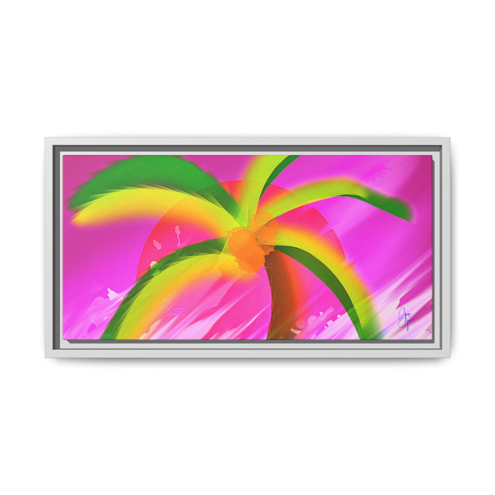 Framed Matte Canvas Print — Neon Palm Beach Art