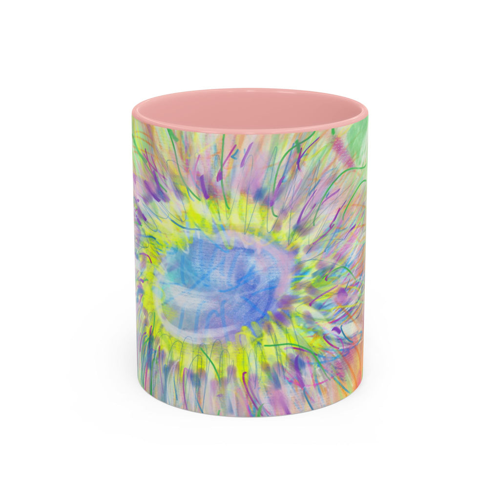 Colorful Sunflower Accent Coffee Mug — Pink Inner Artistic Floral Design (11/15 oz)