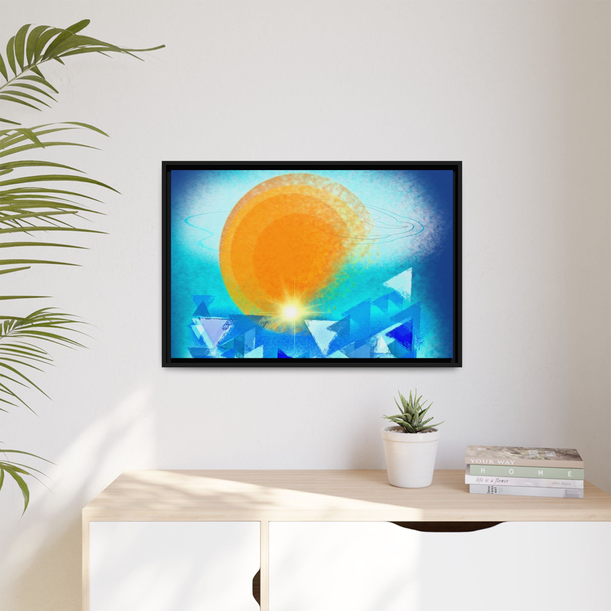 Abstract Sunrise Framed Canvas Art – Orange Sun Over Blue Geometric Waves
