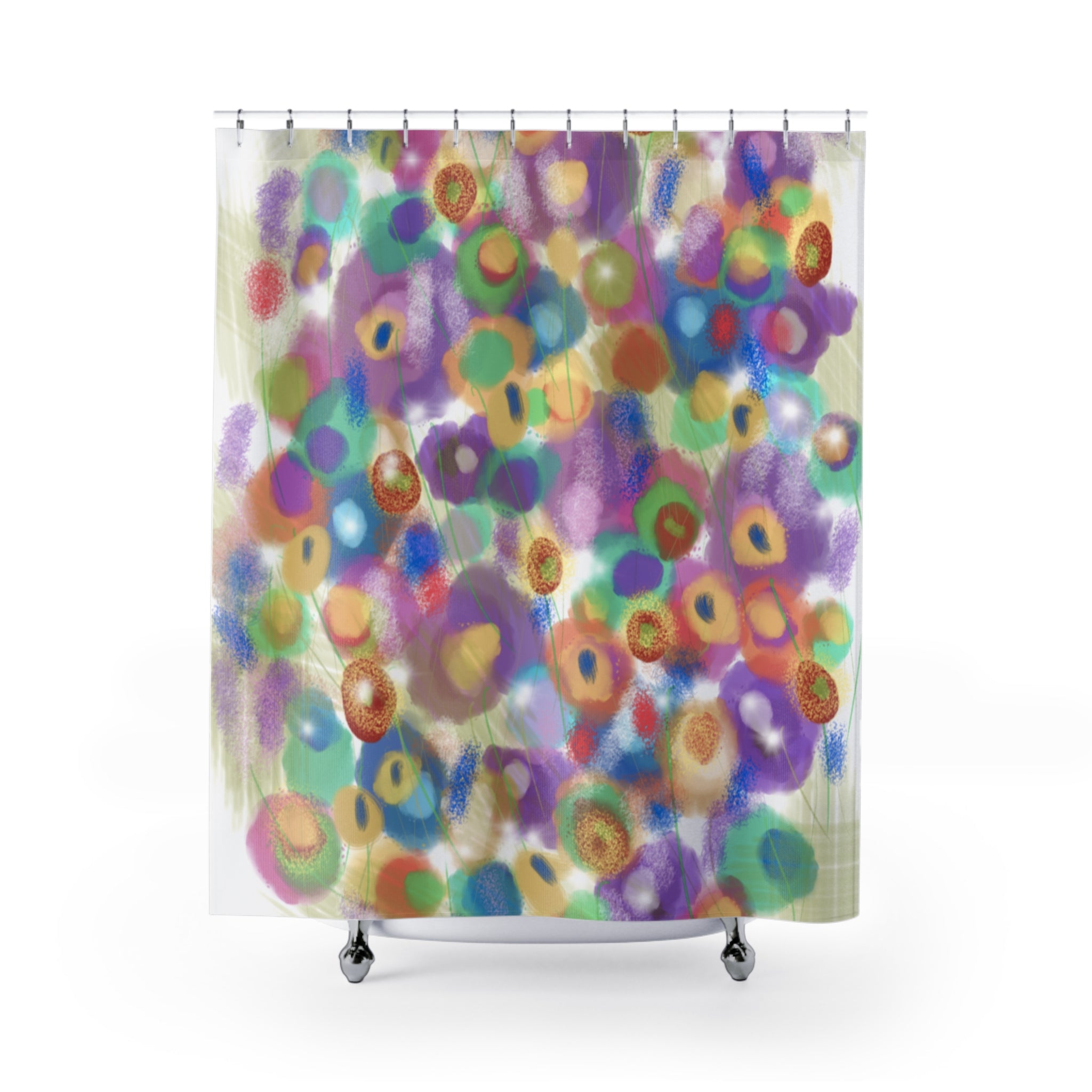 Colorful Abstract Floral Shower Curtain — Watercolor Circle Pattern Bathroom Decor