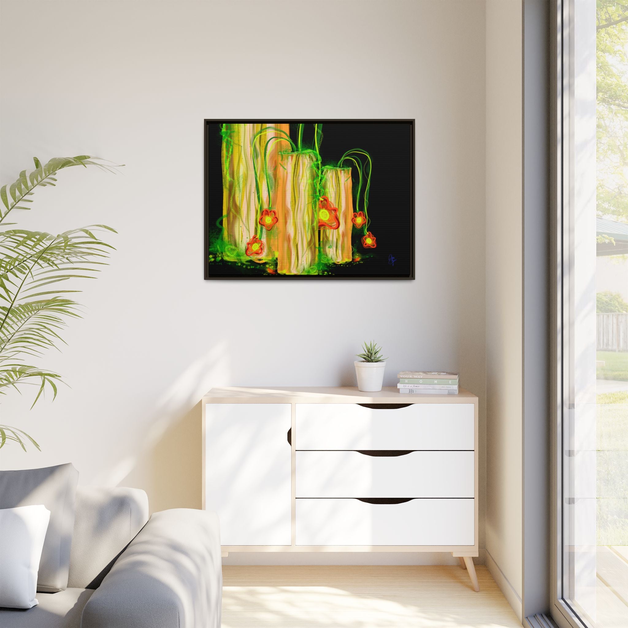 Framed Matte Canvas Print — Neon Floral Candlelight Art