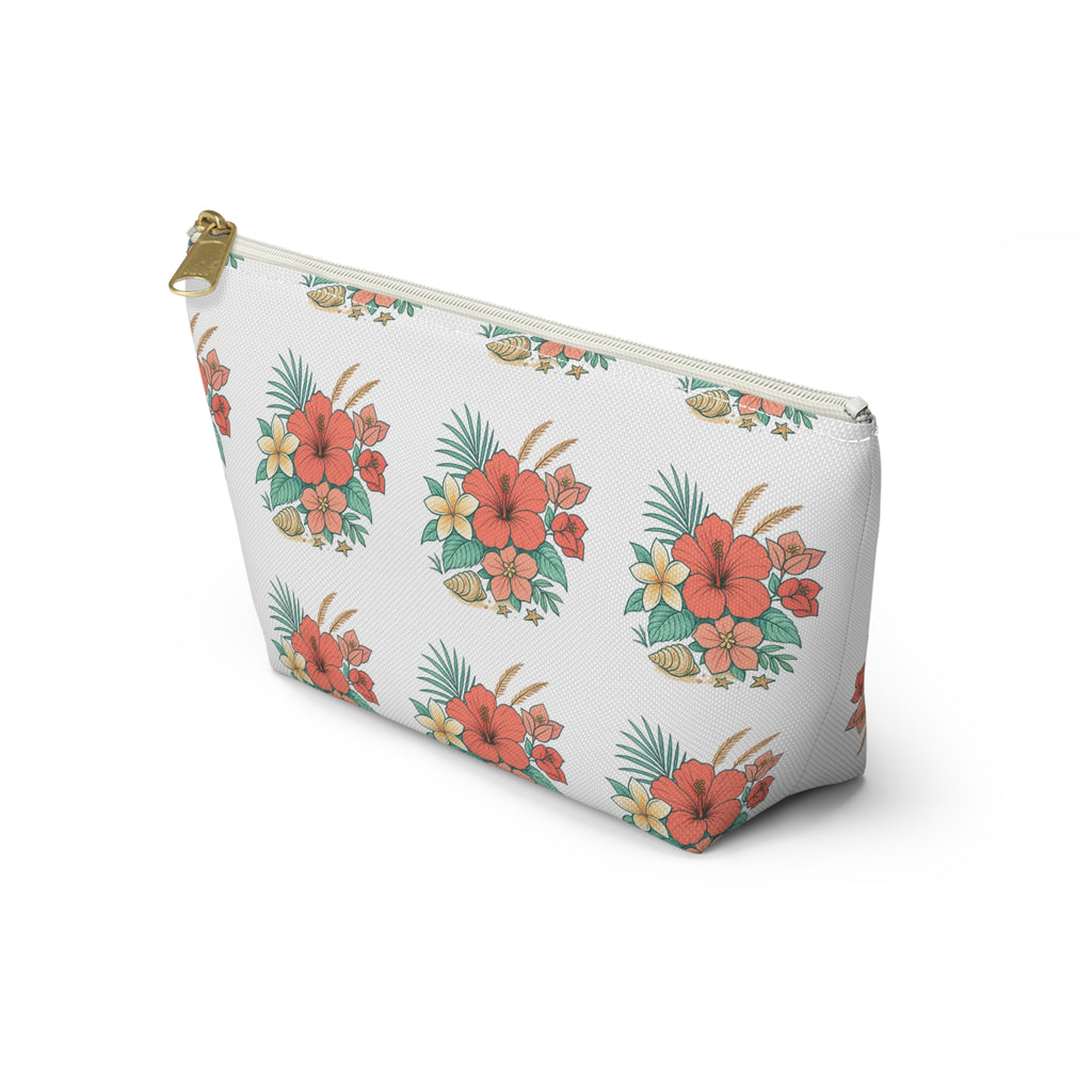 Tropical Floral Accessory Pouch — Hibiscus Cosmetic Bag with T-Bottom