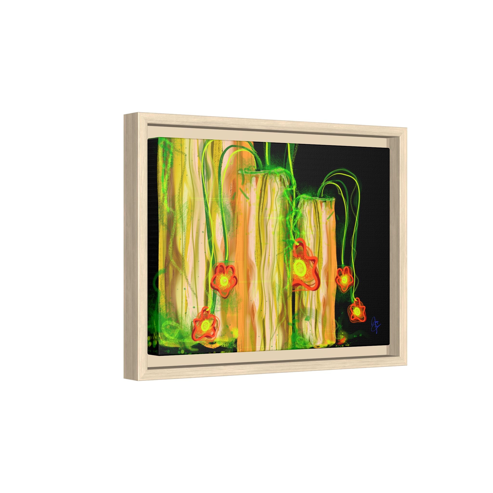 Framed Matte Canvas Print — Neon Floral Candlelight Art