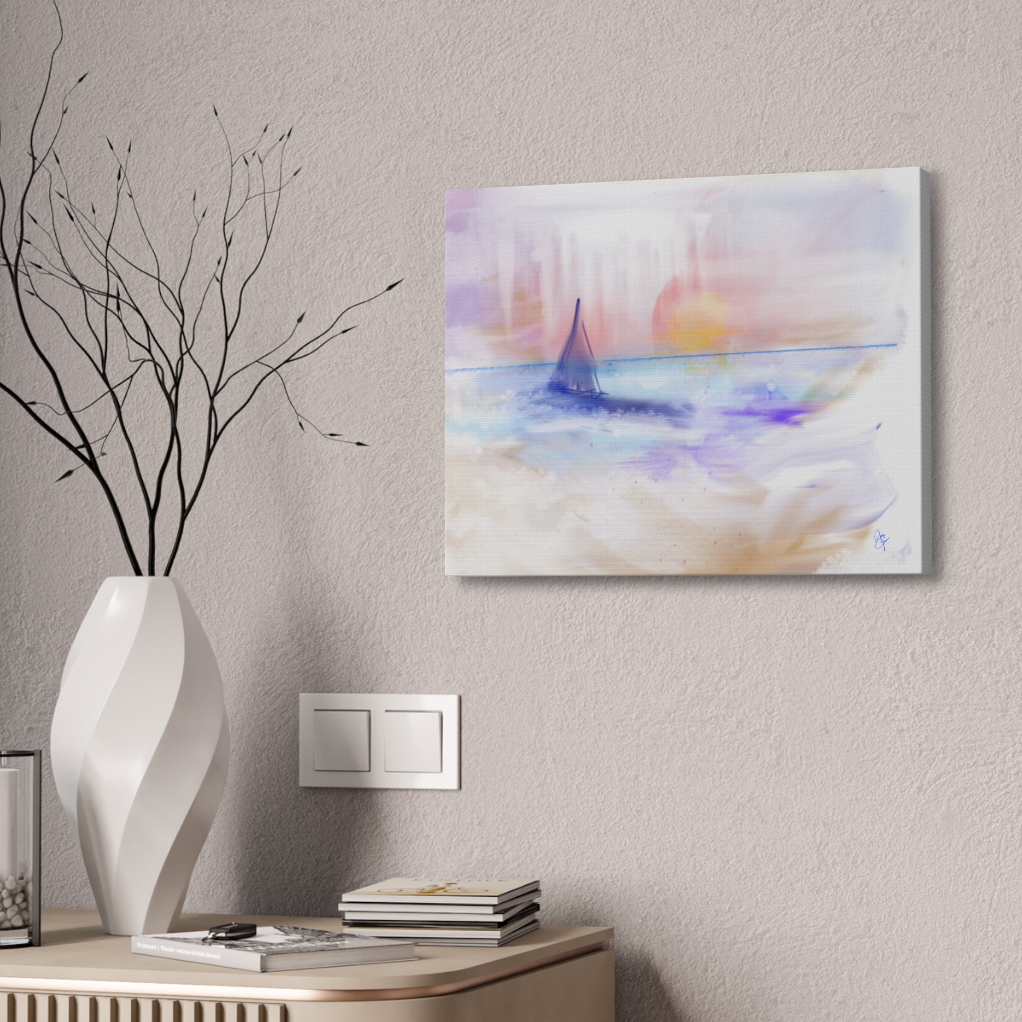 Watercolor Seascape Canvas Print — Dreamy Sailboat Sunset Wall Art