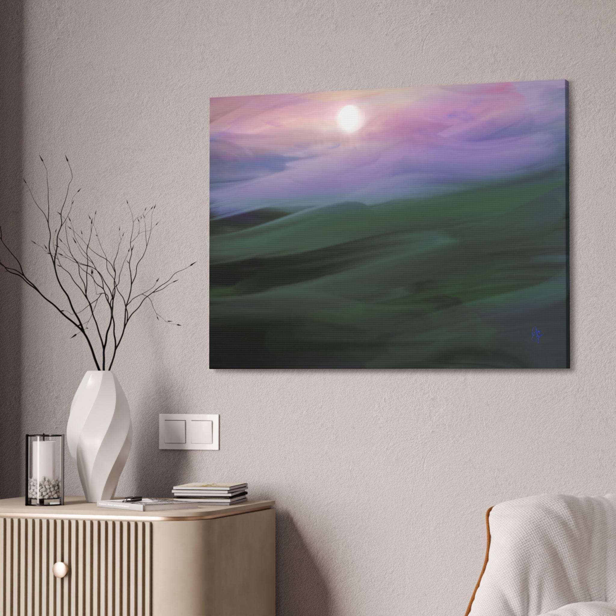 Sunrise Mist Landscape Canvas Print — Serene Pastel Wall Art