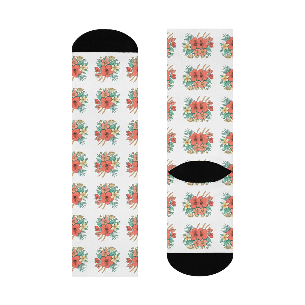 Floral Bouquet Crew Socks – Coral Hibiscus Pattern Cushioned Socks