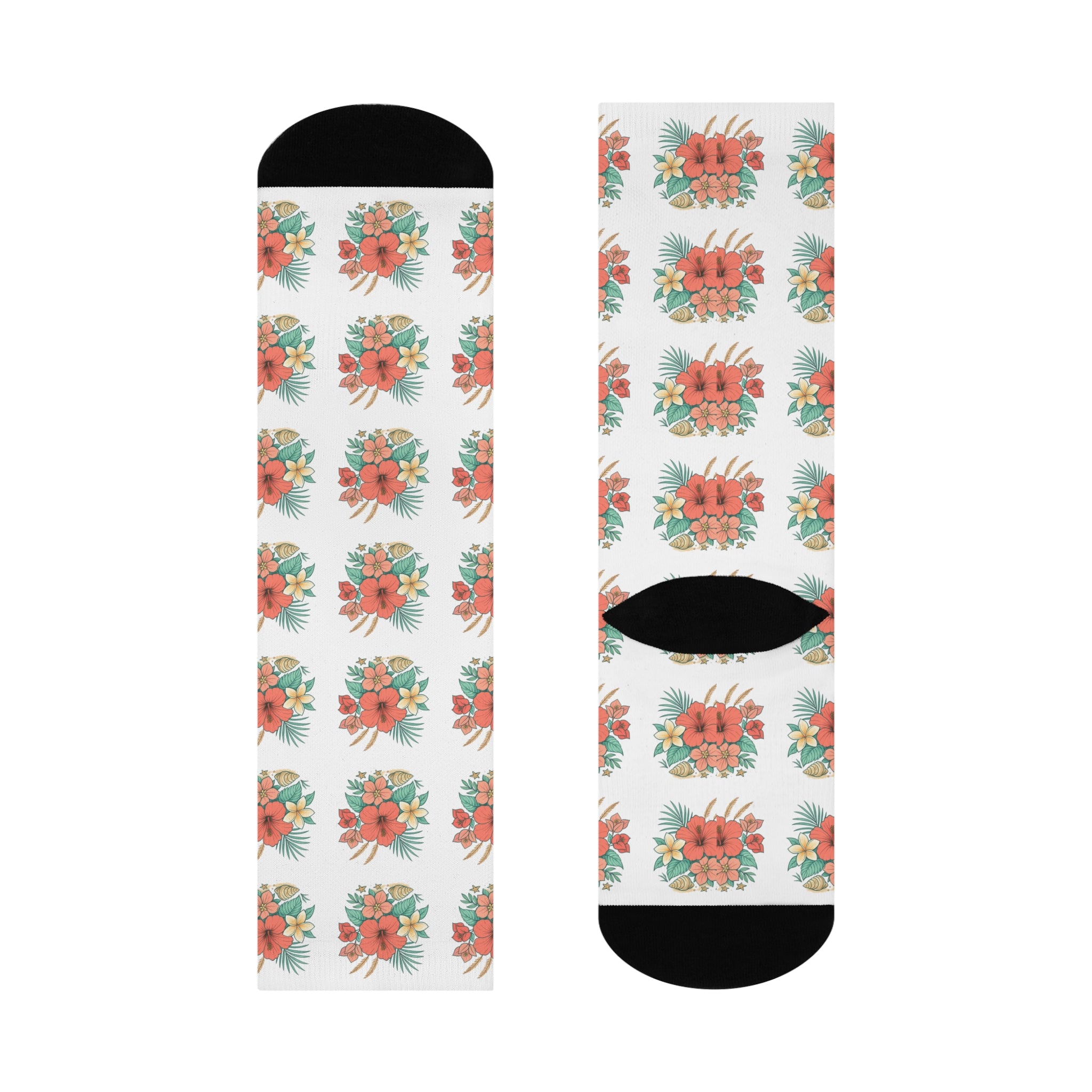 Floral Bouquet Crew Socks – Coral Hibiscus Pattern Cushioned Socks