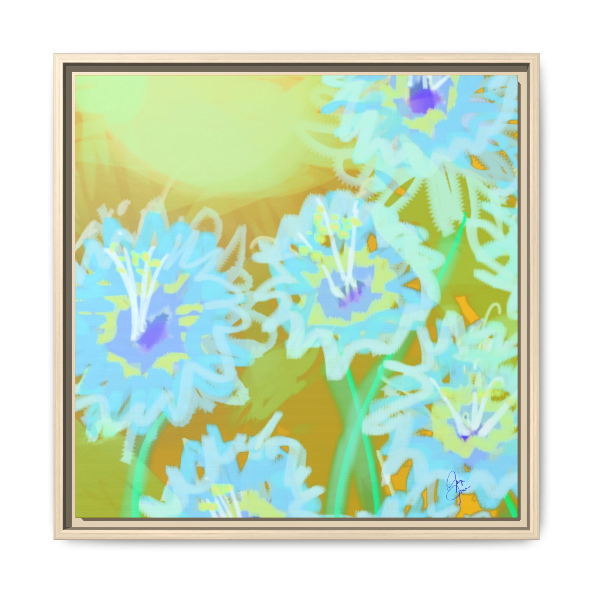 Framed Floral Canvas Art — Blue & Yellow Abstract Bouquet (Matte)