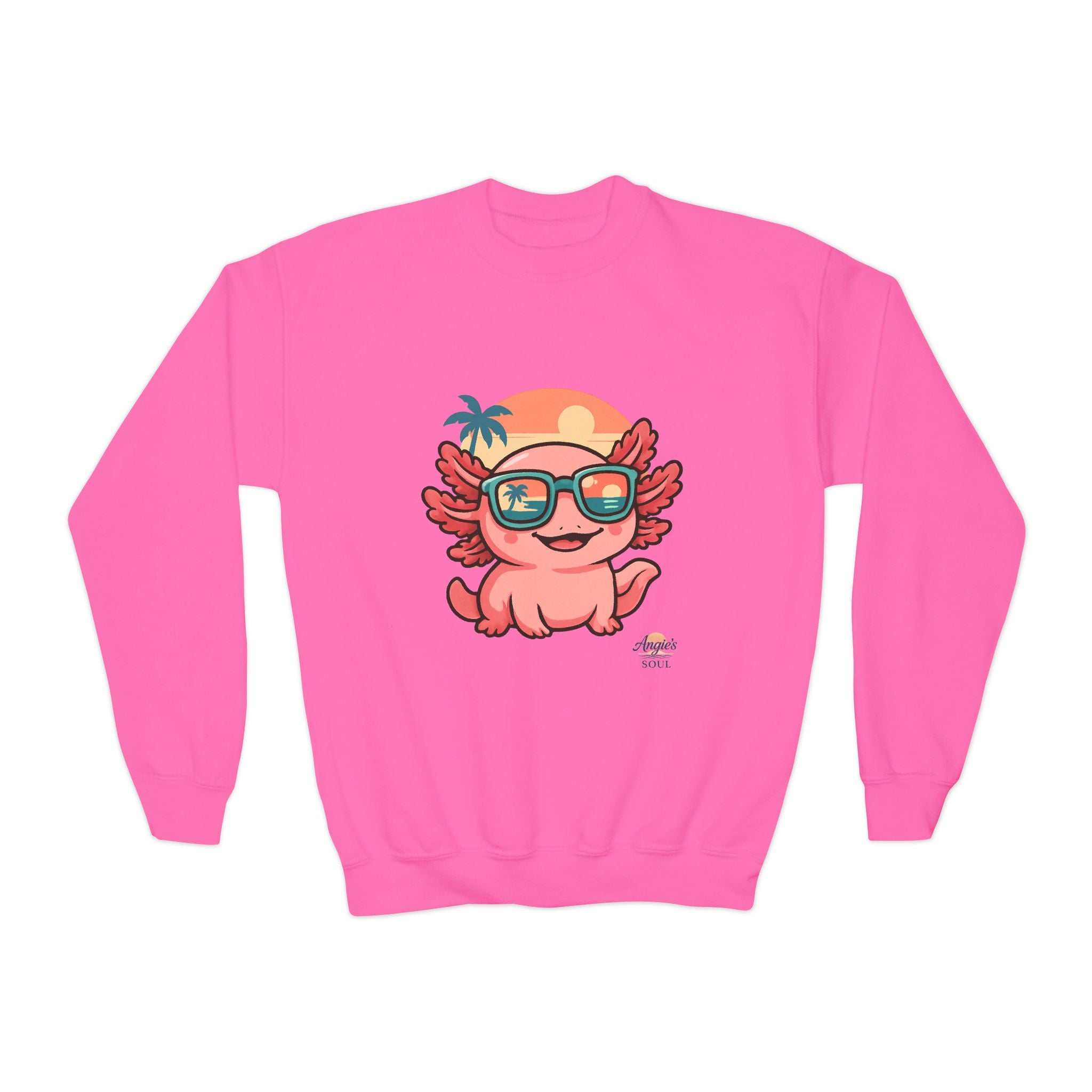 Axolotl Crewneck Sweatshirt — Cute Pink Axolotl with Sunglasses & Sunset