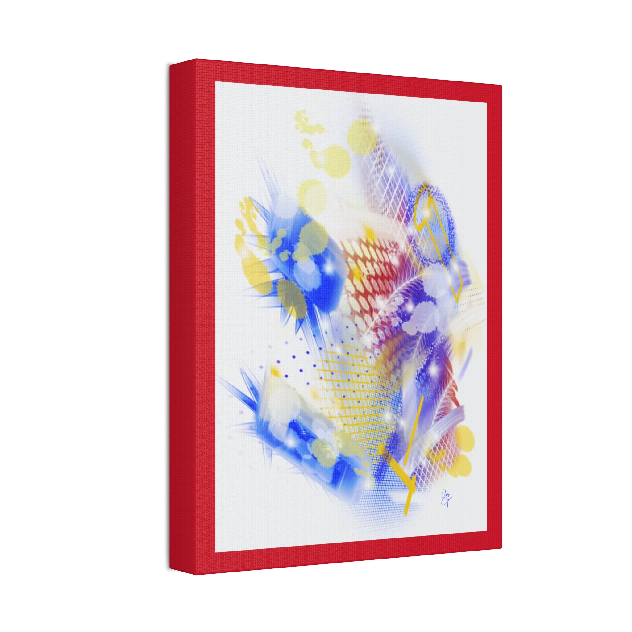 Abstract Blue & Yellow Art Canvas Print — Stretched 1.5" with Red Border