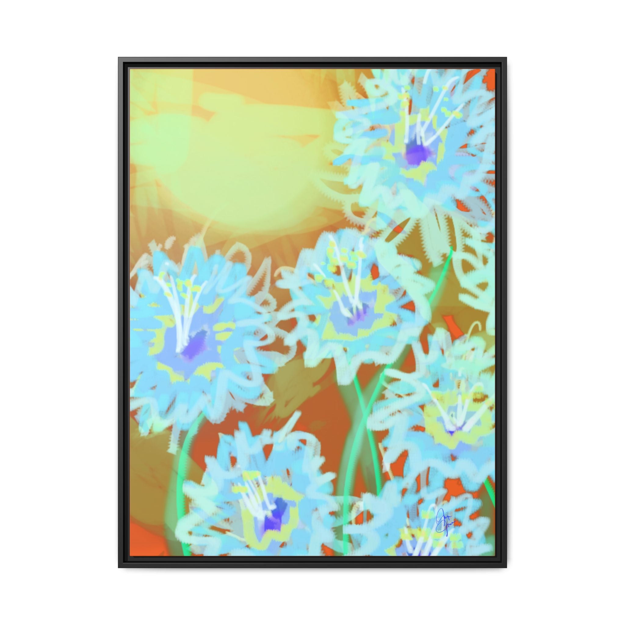 Framed Floral Canvas Art — Blue & Yellow Abstract Bouquet (Matte)
