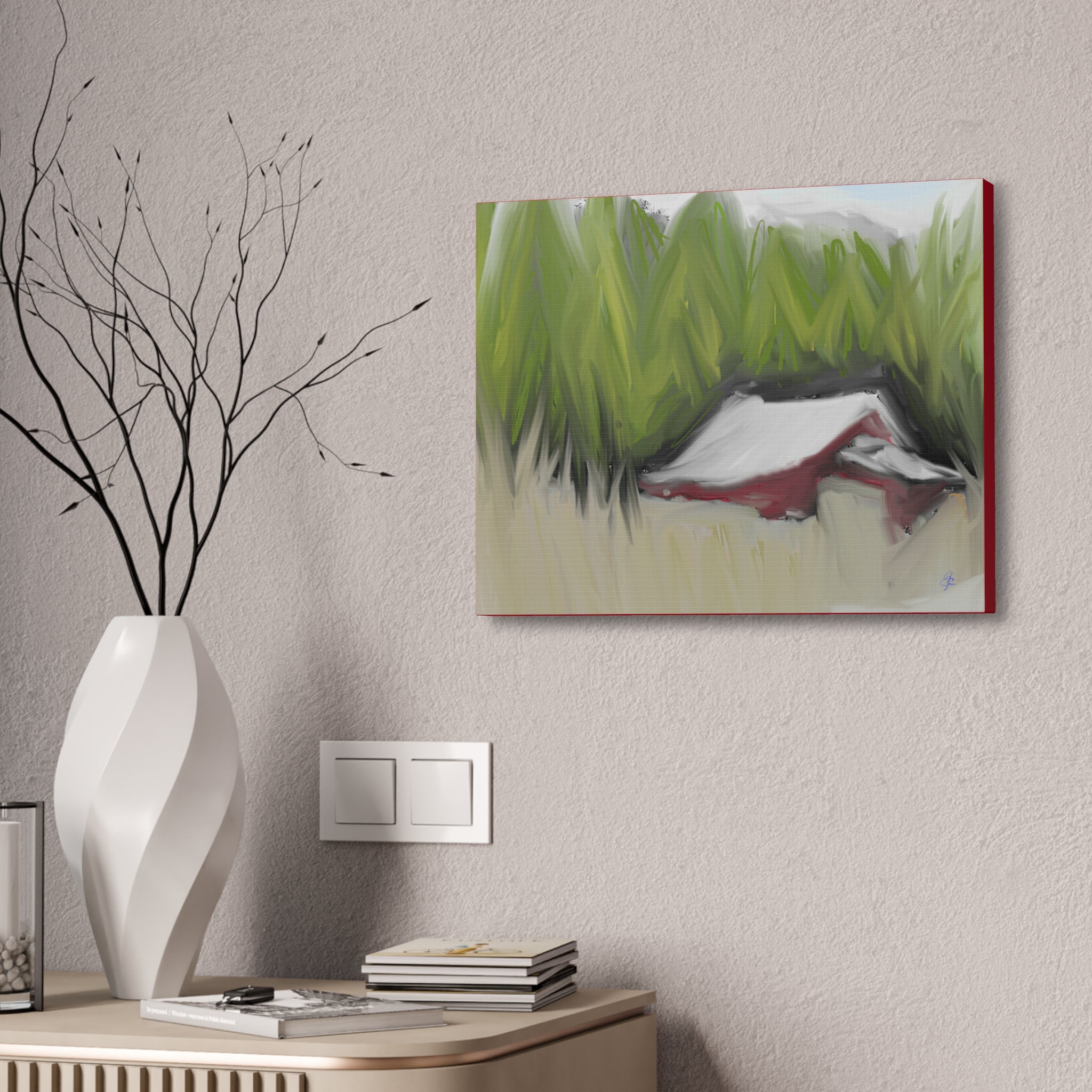Canvas Wall Art - Red Barn in Green Field Stretched Canvas (1.5")