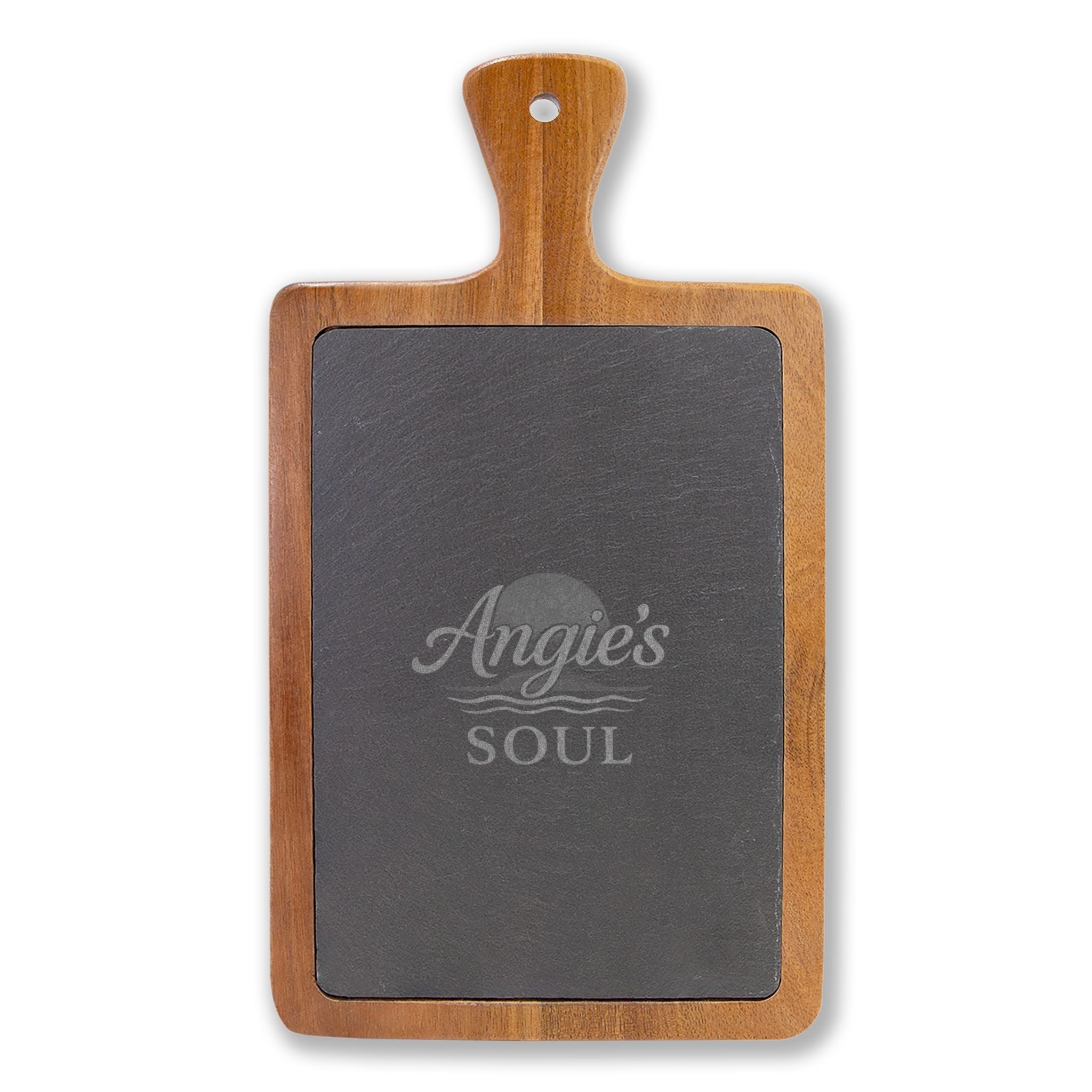 Engraved Acacia Charcuterie Board with Slate Insert & Cheese Knives — Personalized 'Angie's Soul' Design