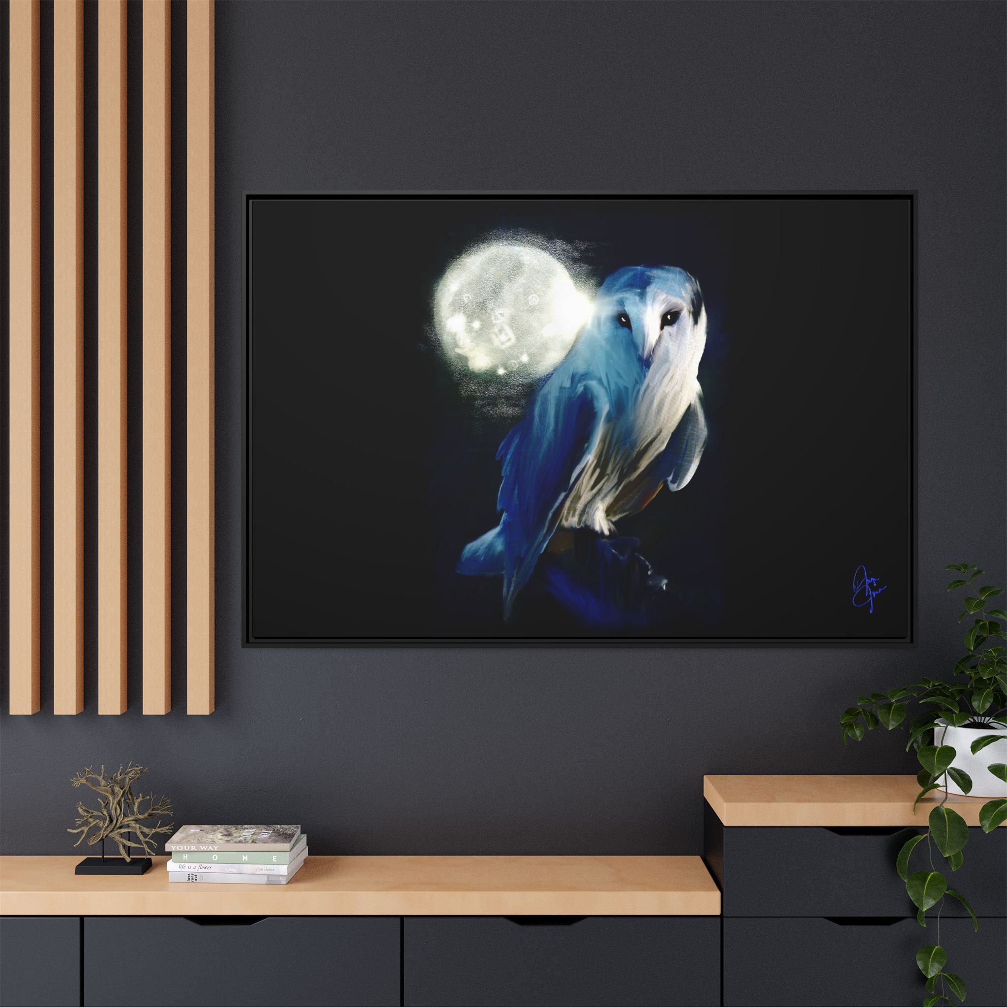 Moonlight Owl Matte Framed Canvas — Mystical Blue Owl Wall Art