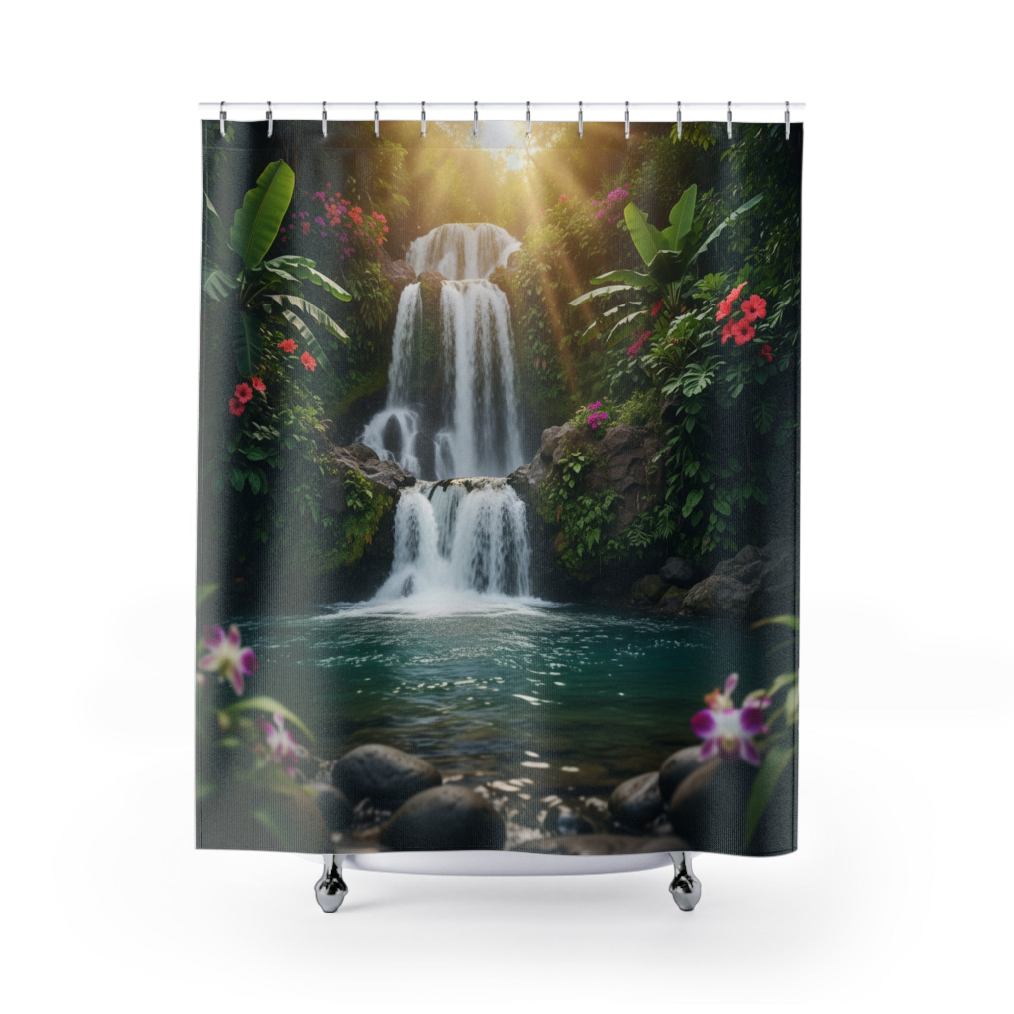Waterfall Tropical Shower Curtain — Lush Jungle Oasis Bathroom Decor