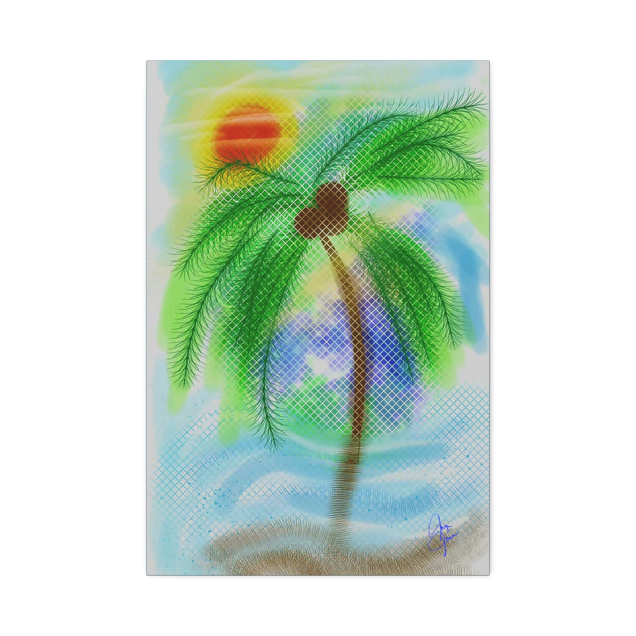 Tropical Palm Canvas Print – Heart Coconut Sunset Wall Art, Stretched 1.5"