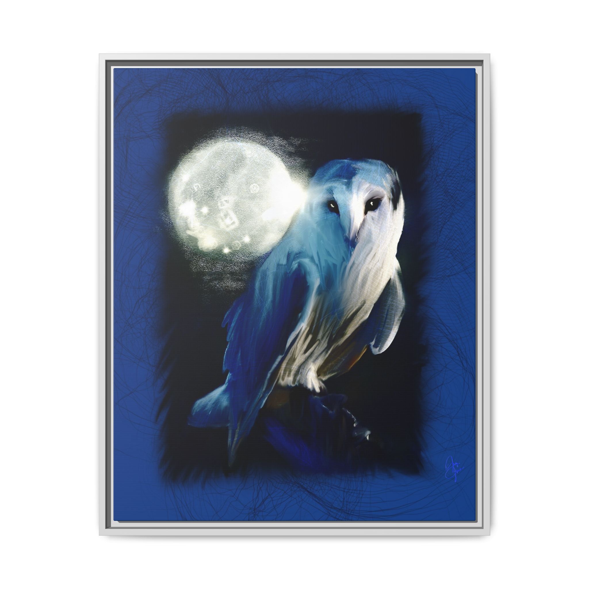 Moonlight Owl Matte Framed Canvas — Mystical Blue Owl Wall Art