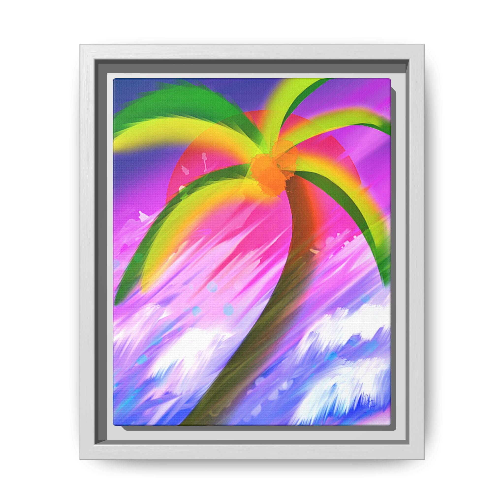 Framed Matte Canvas Print — Neon Palm Beach Art