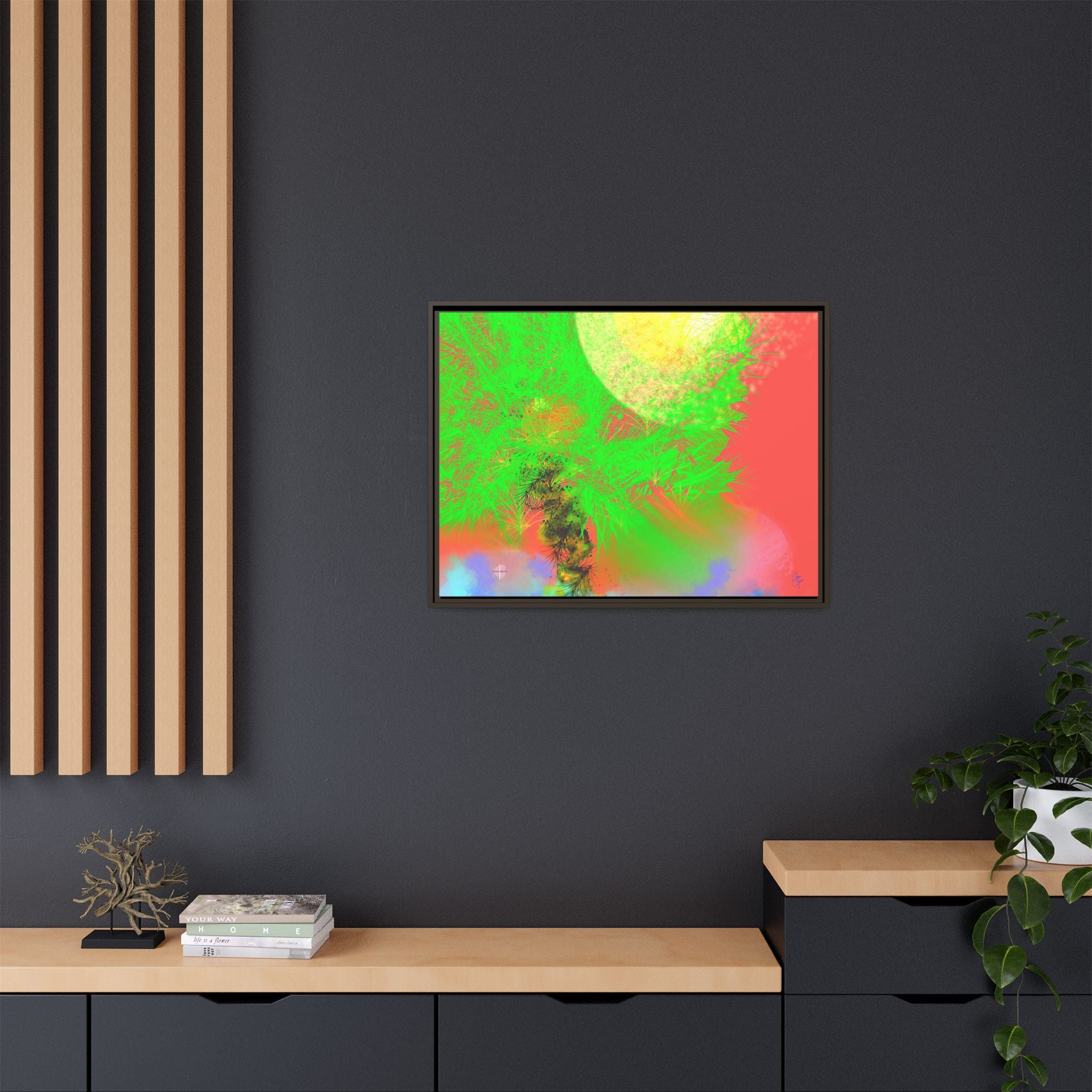 Abstract Neon Tree Matte Canvas Framed Art — Vibrant Green Moon Landscape