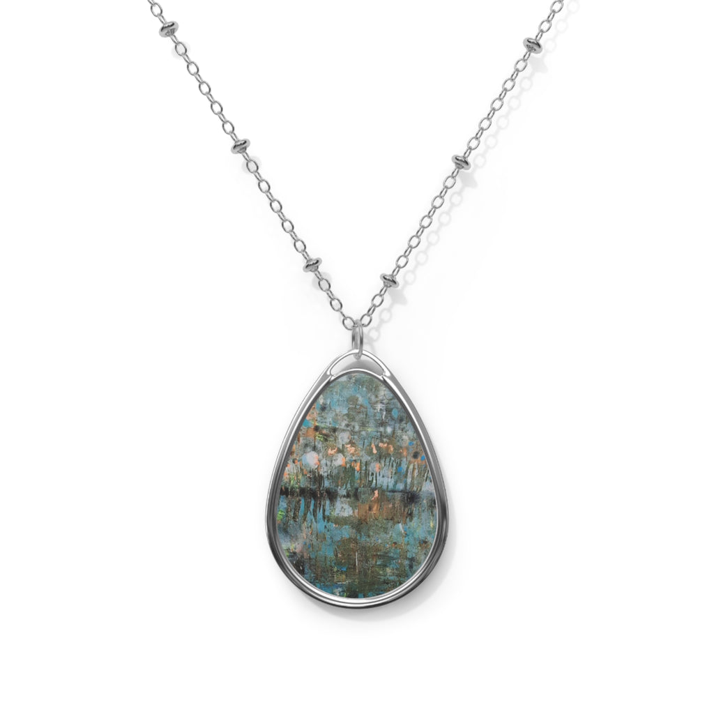Oval Teardrop Pendant Necklace — Abstract Blue-Green Art Inlay