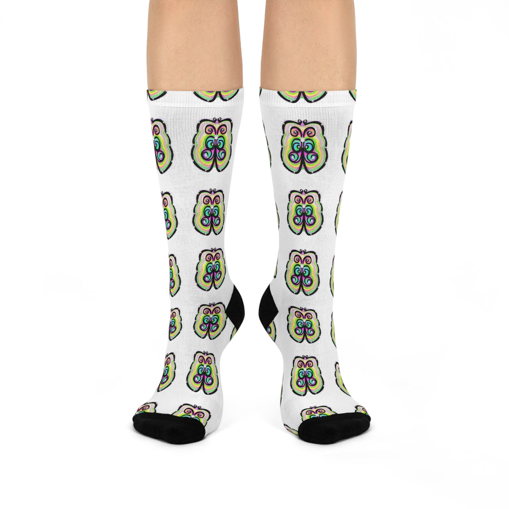 Butterfly Pattern Cushioned Crew Socks — Colorful Retro Floral Design