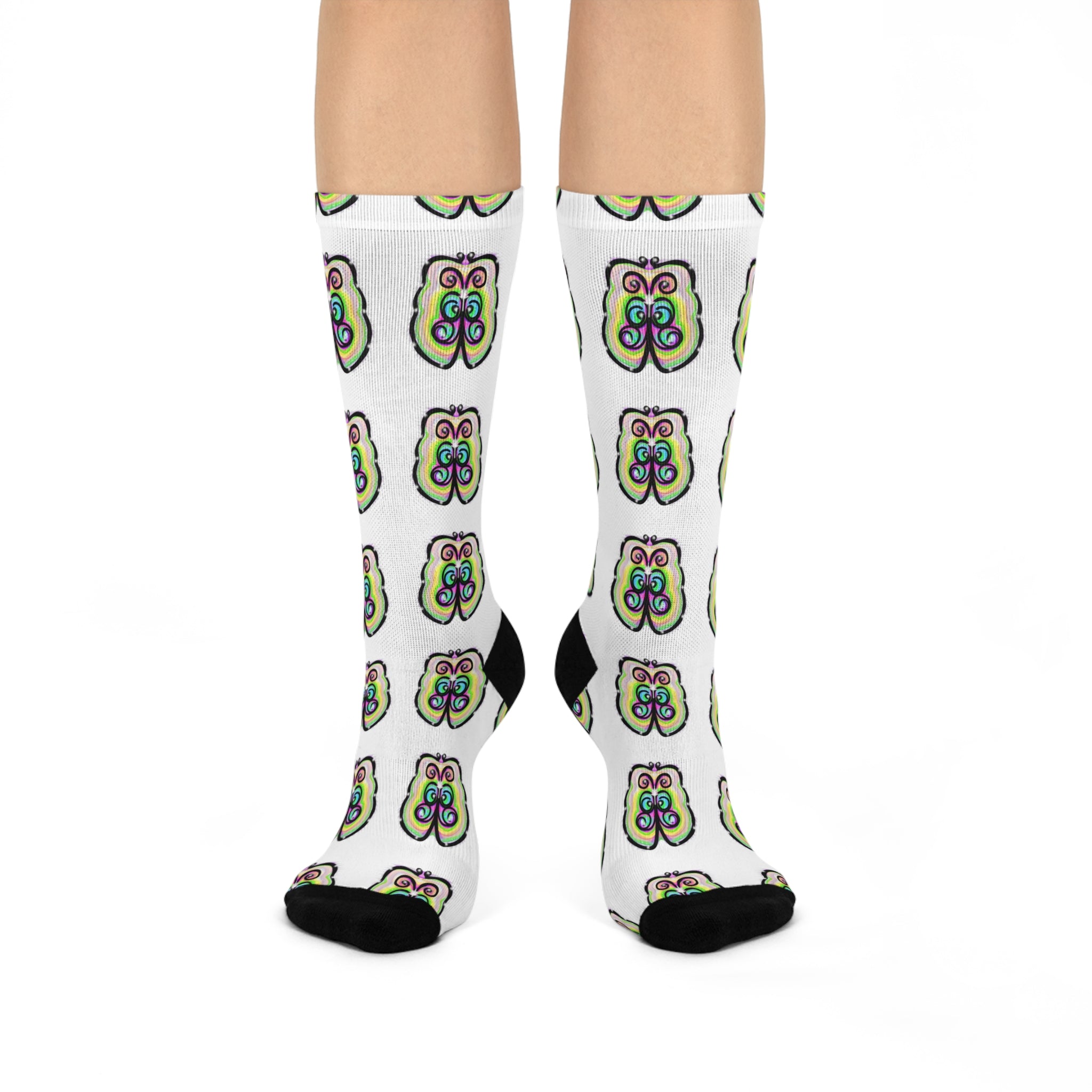 Butterfly Pattern Cushioned Crew Socks — Colorful Retro Floral Design