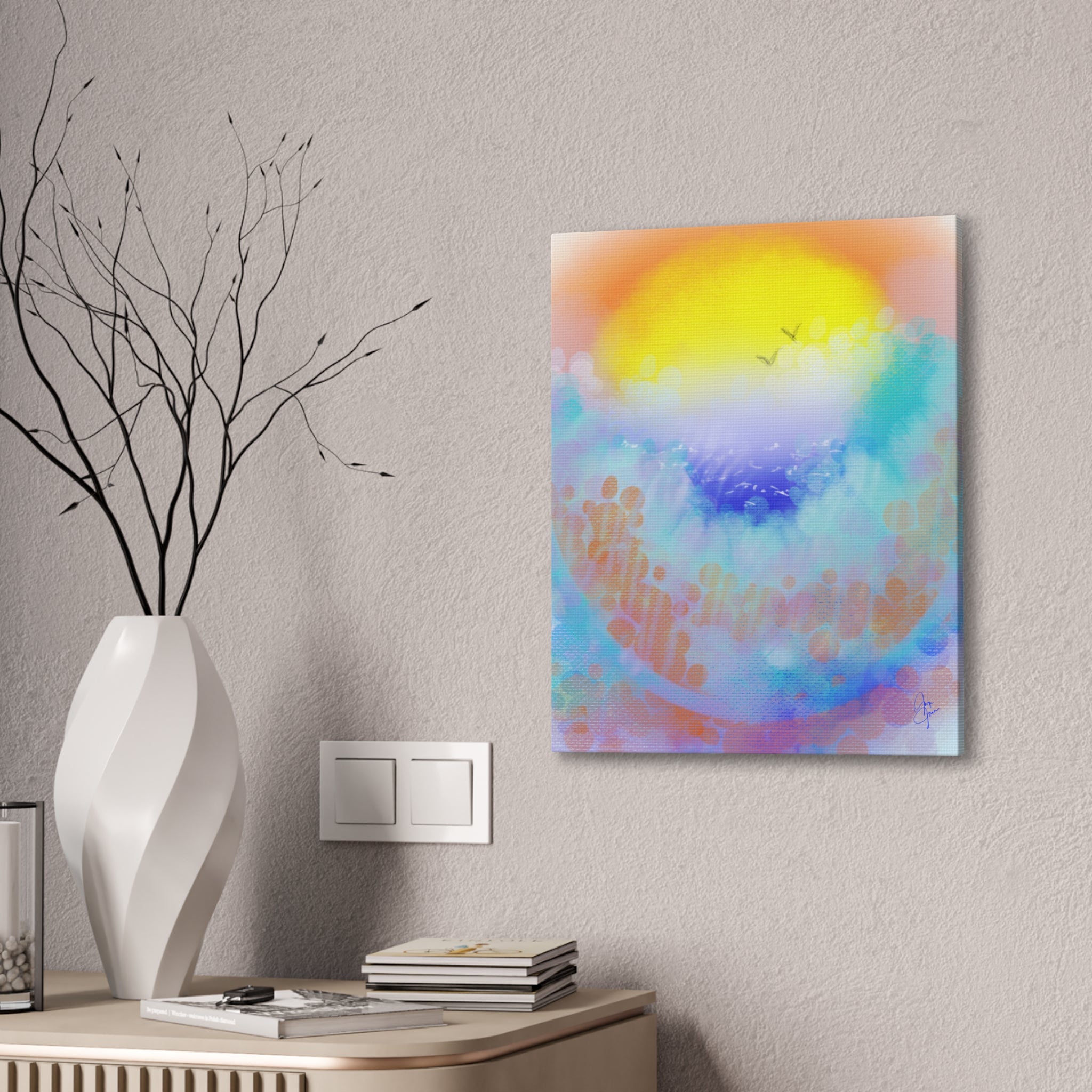 Sunrise Seascape Canvas Wall Art – Pastel Ocean Waves with Birds