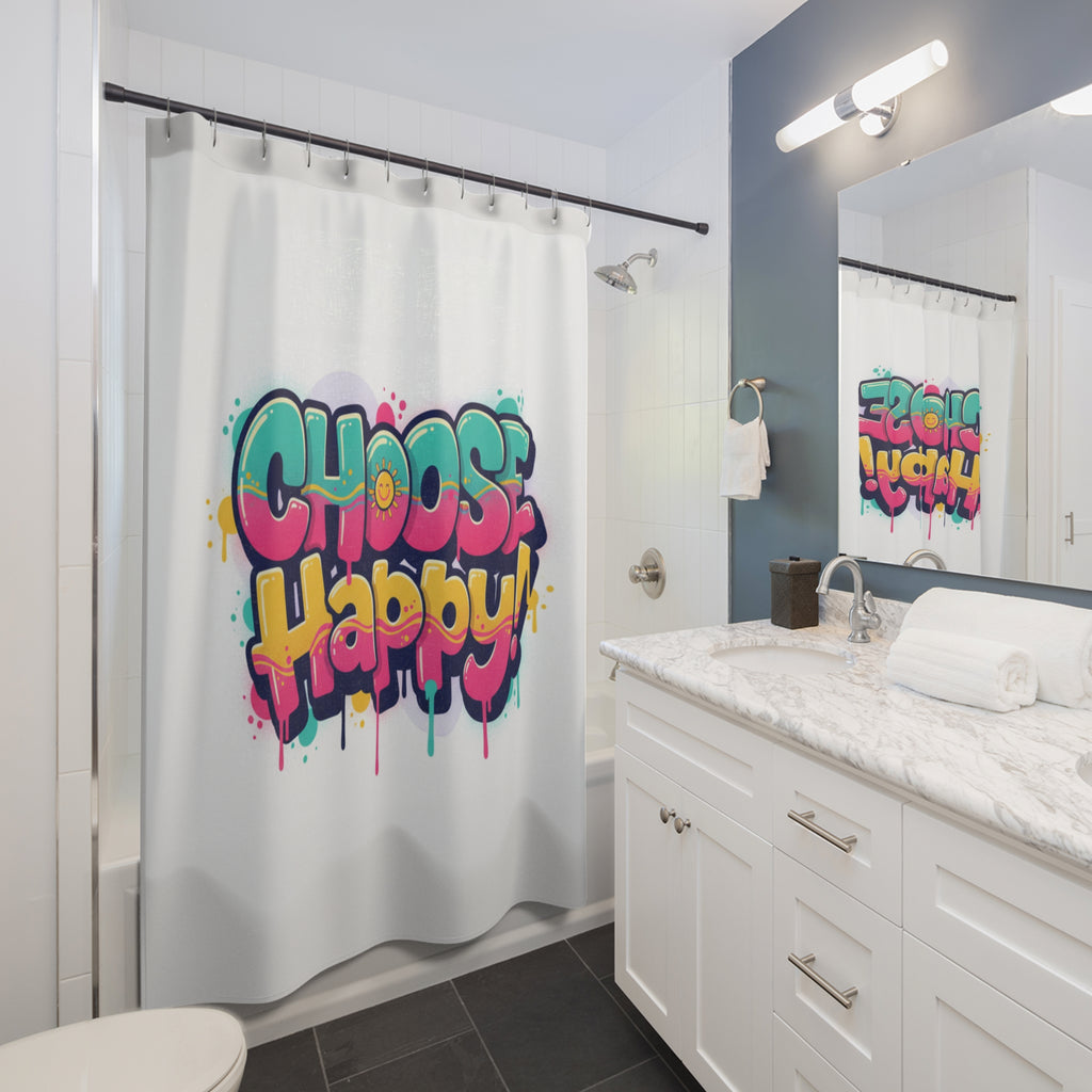 Shower Curtain - 'Choose Happy' Colorful Graffiti Bathroom Decor