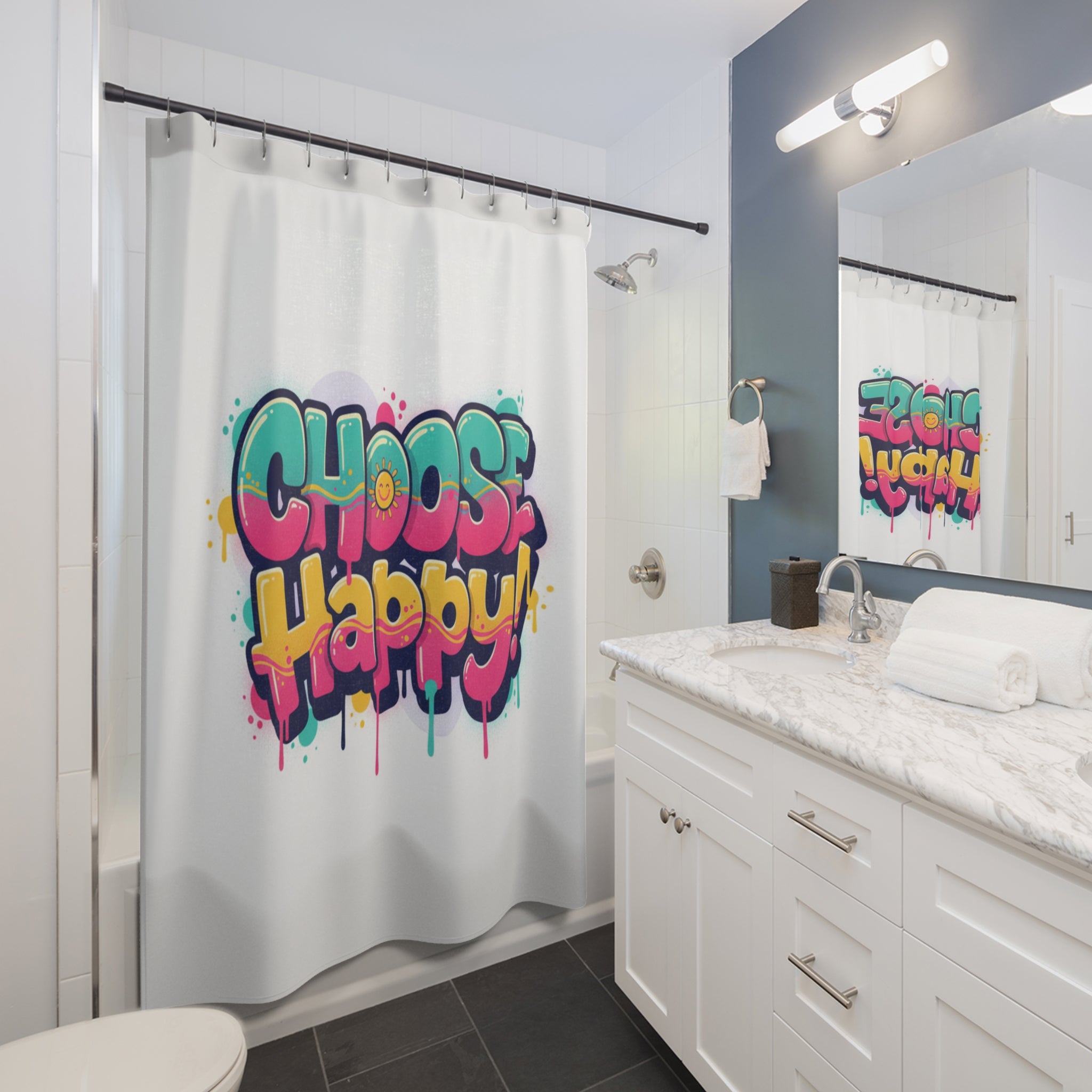Shower Curtain - 'Choose Happy' Colorful Graffiti Bathroom Decor