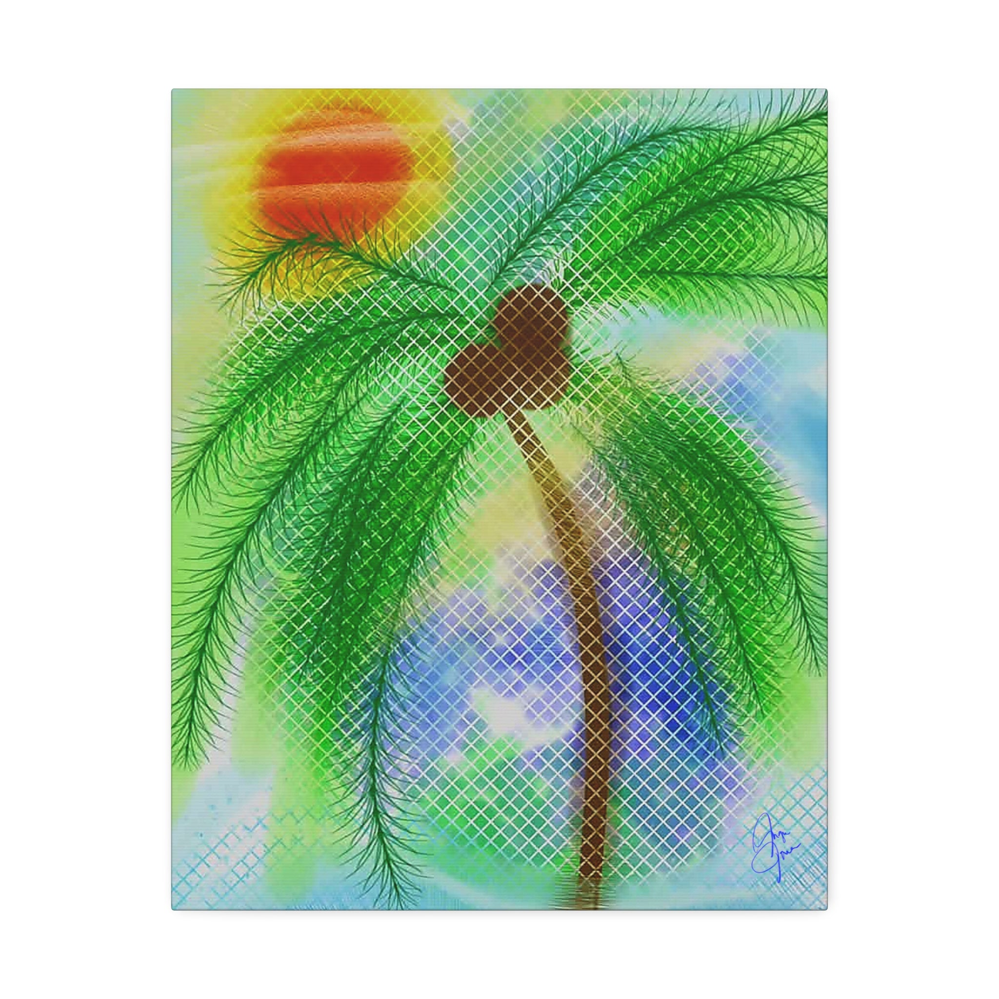 Tropical Palm Canvas Print – Heart Coconut Sunset Wall Art, Stretched 1.5"
