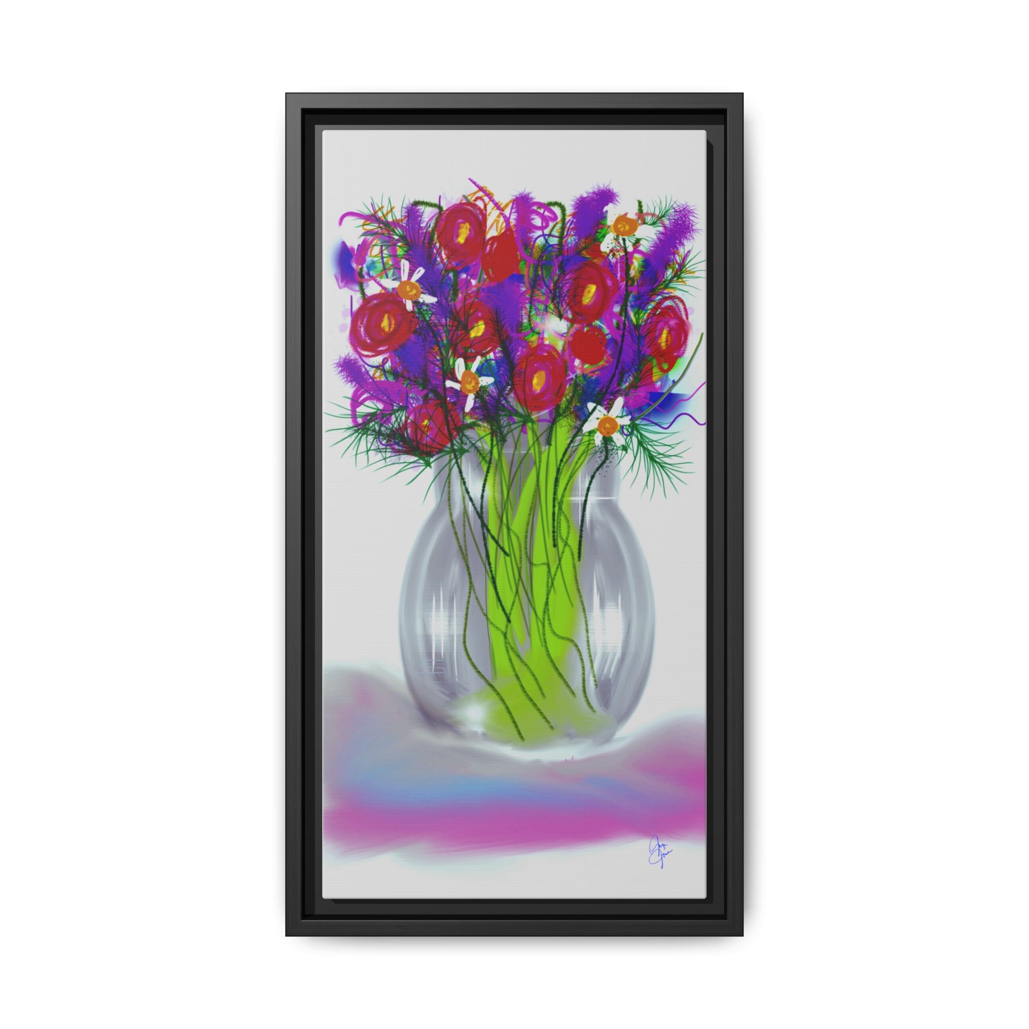 Framed Floral Bouquet Matte Canvas Wall Art — Colorful Abstract Flowers in Vase