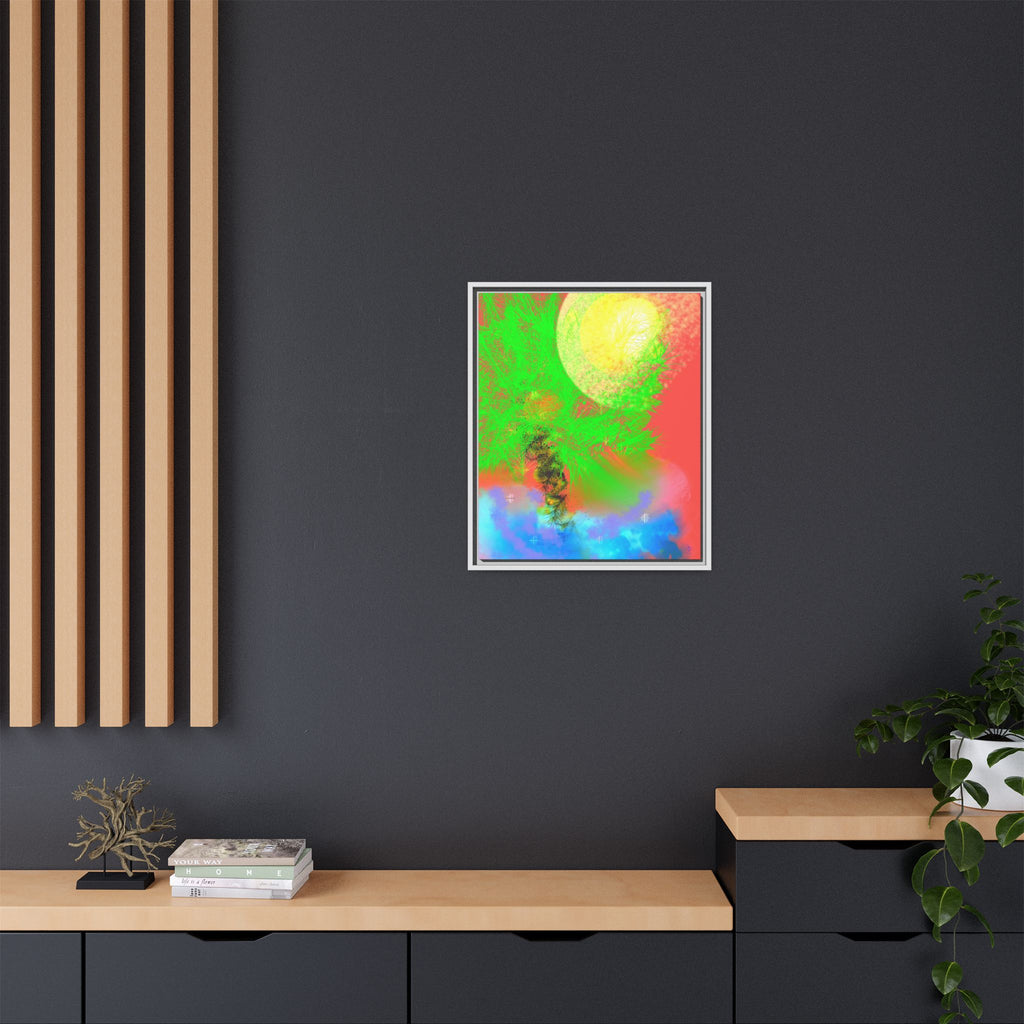 Abstract Neon Tree Matte Canvas Framed Art — Vibrant Green Moon Landscape