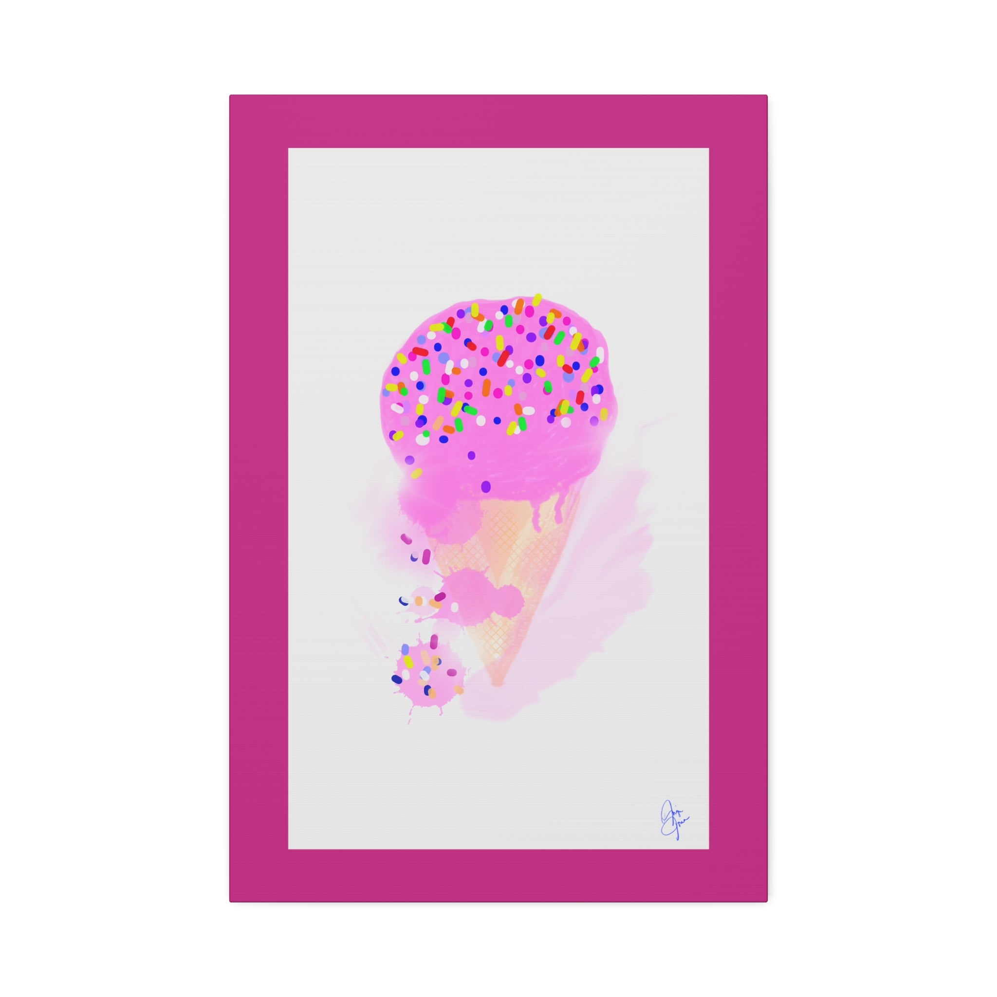 Pink Sprinkle Ice Cream Cone Canvas Print — Cute Pastel Wall Art