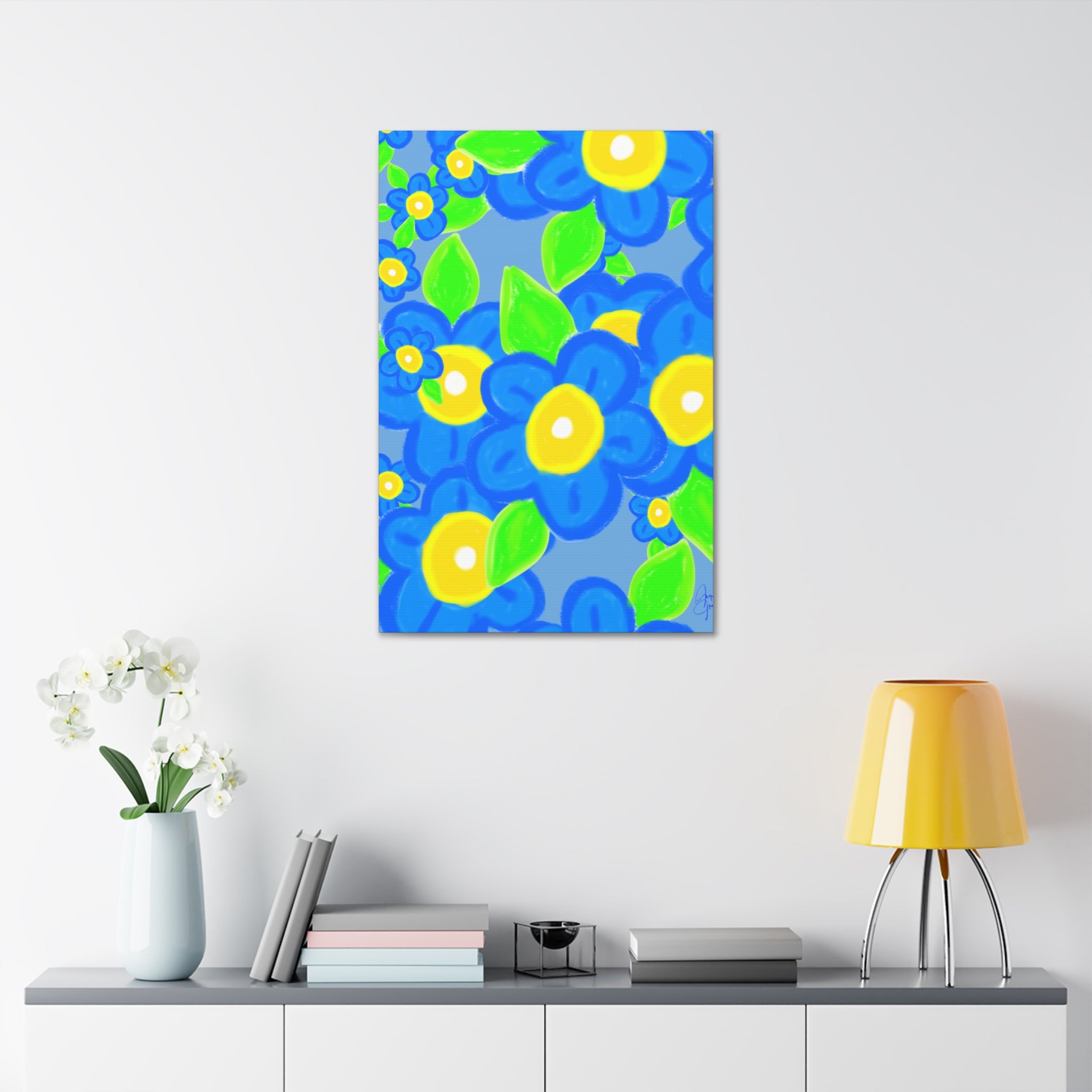 Blue Floral Canvas Wall Art — Bright Hand-Drawn Flowers on Mustard Background