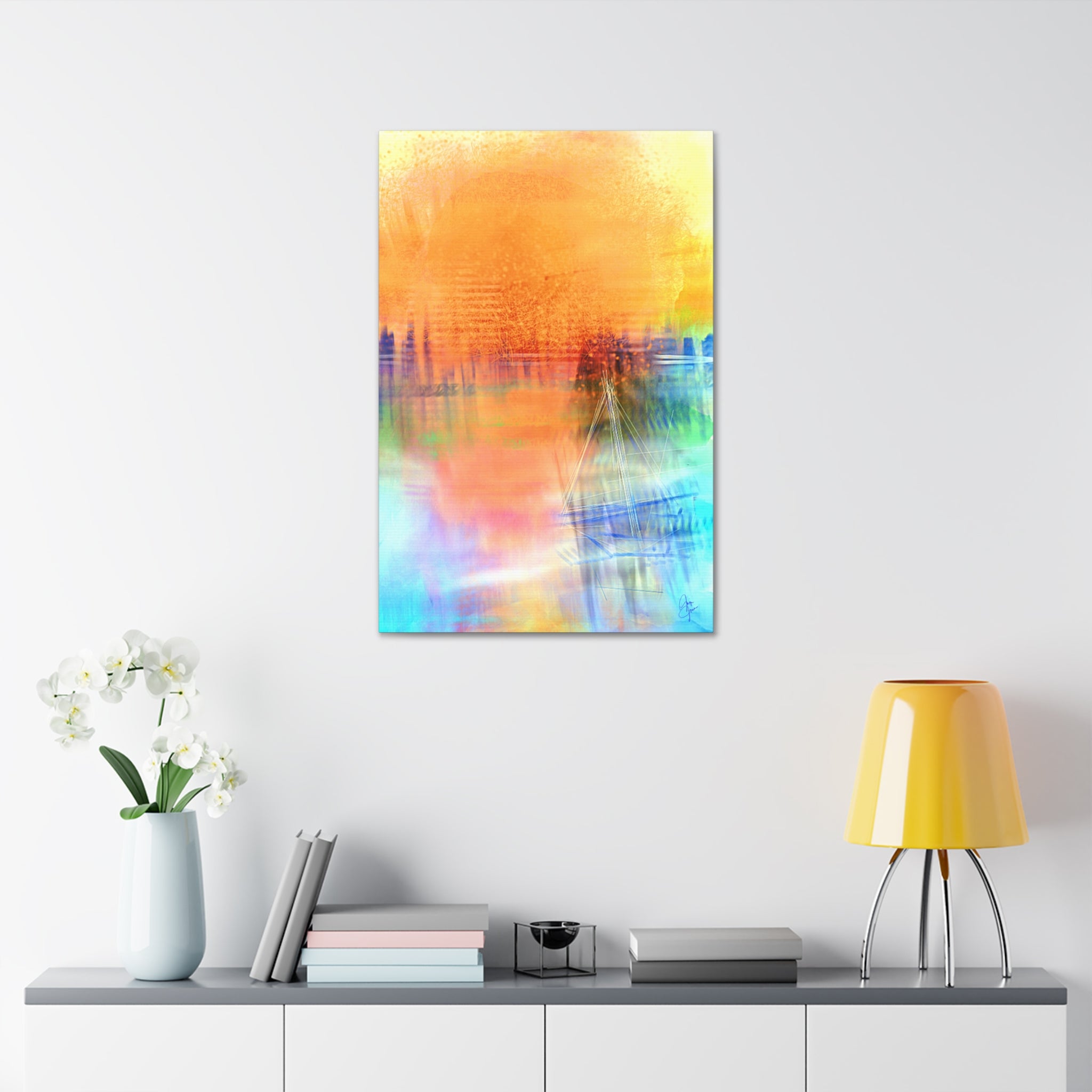 Abstract Color Burst Canvas — Vibrant Orange & Blue Stretched Wall Art