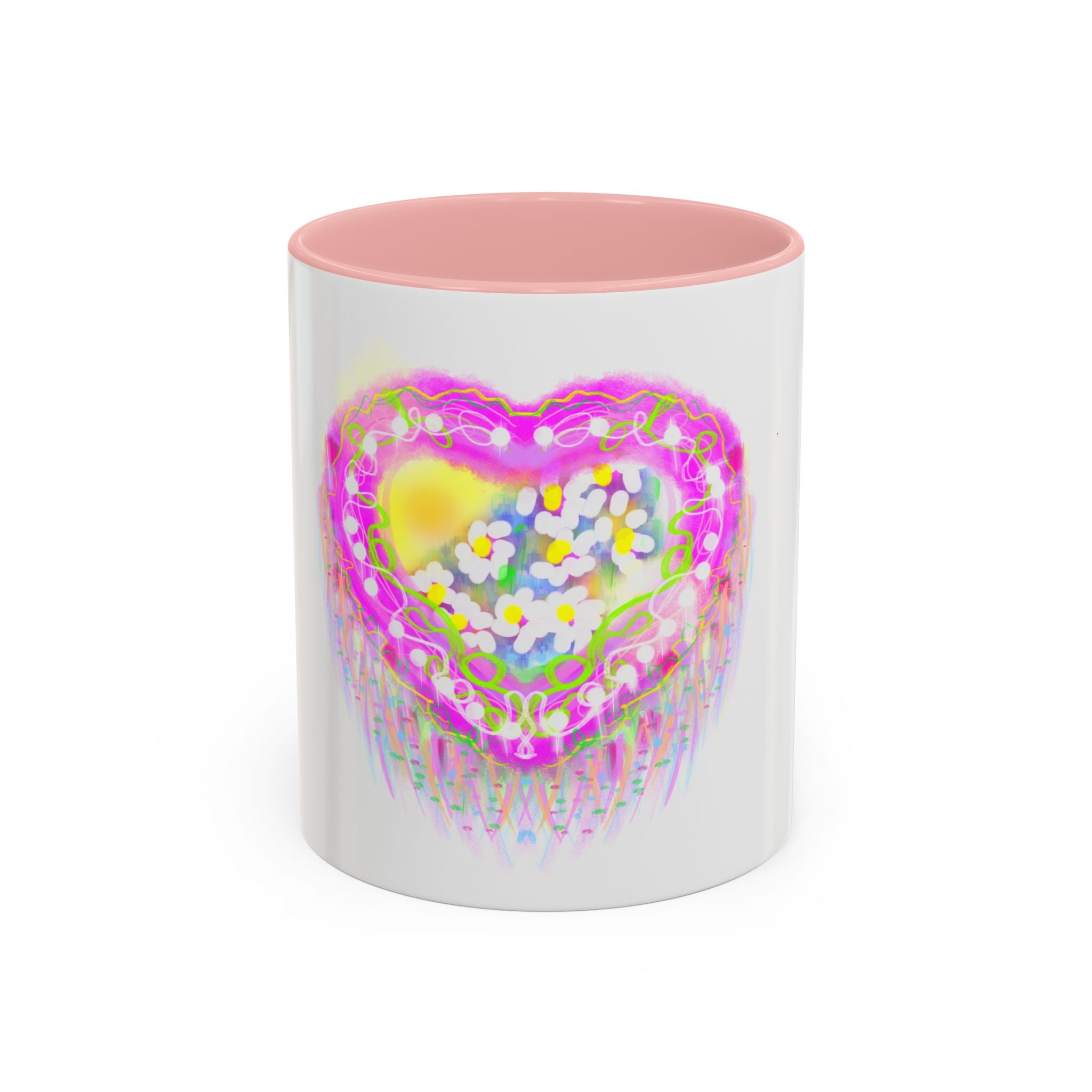 Pink Heart Floral Coffee Mug — Cute Pastel Accent Mug with Daisy Heart Design