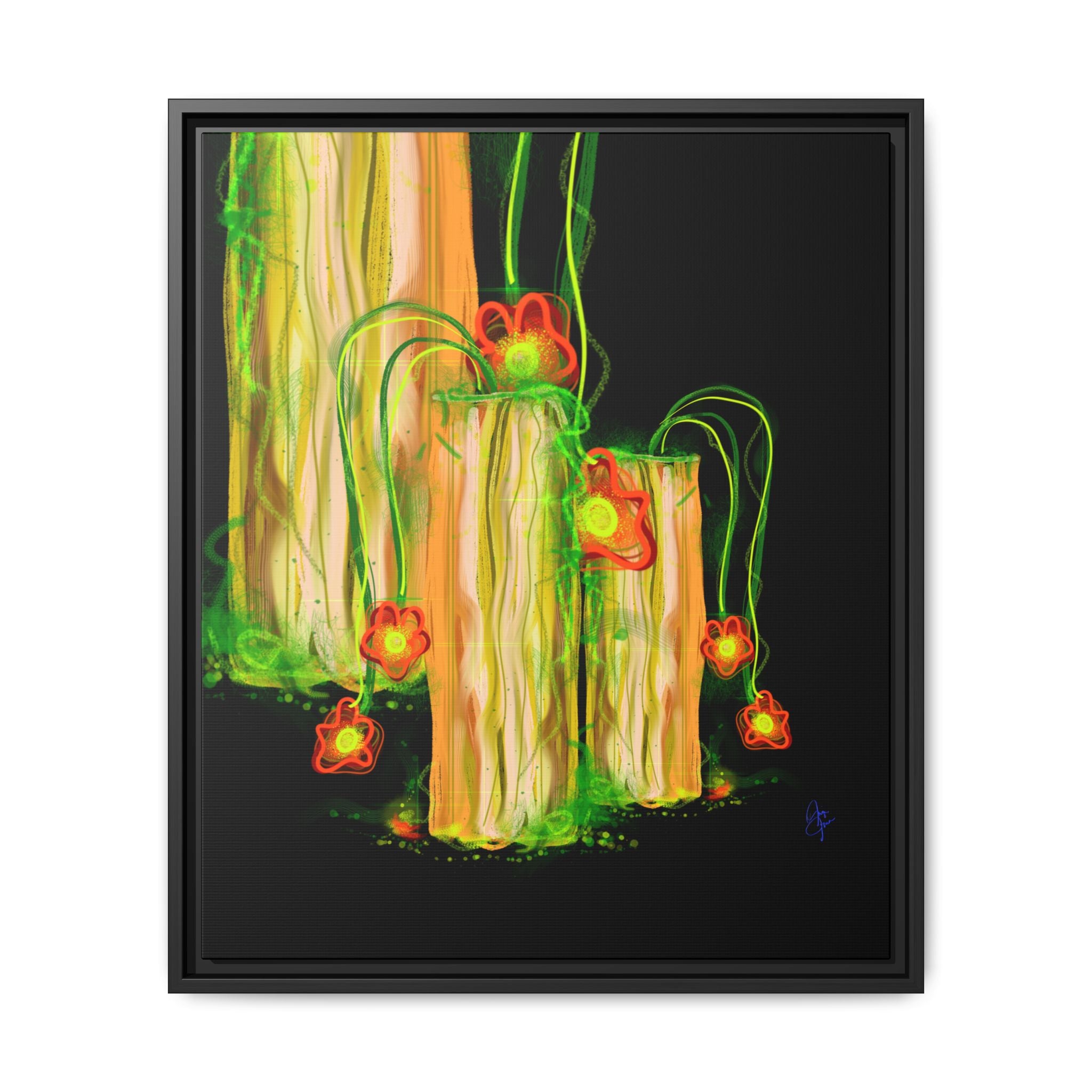 Framed Matte Canvas Print — Neon Floral Candlelight Art