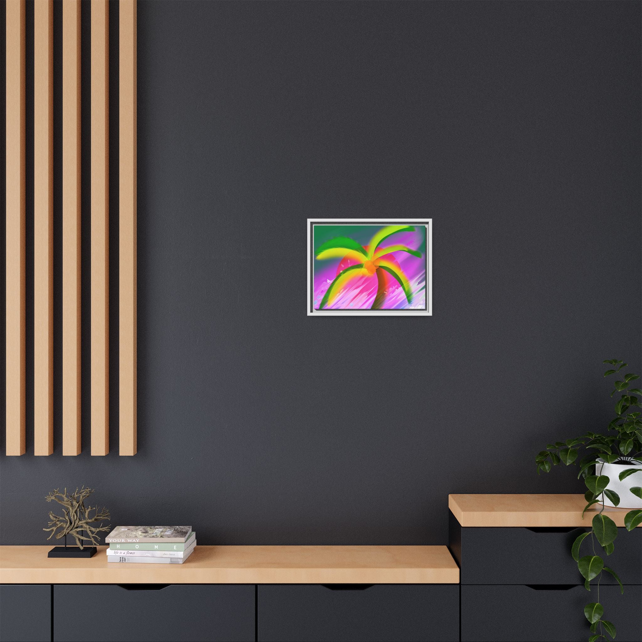 Framed Matte Canvas Print — Neon Palm Beach Art