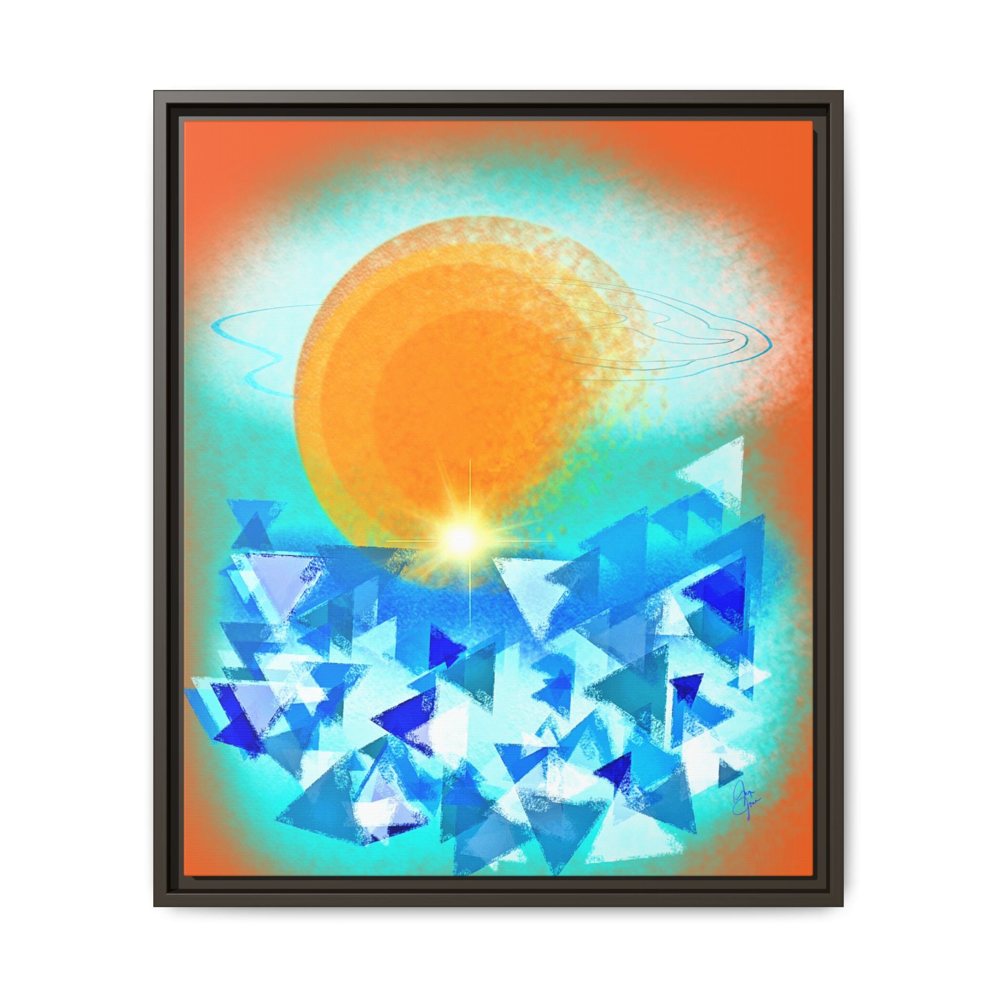 Abstract Sunrise Framed Canvas Art – Orange Sun Over Blue Geometric Waves