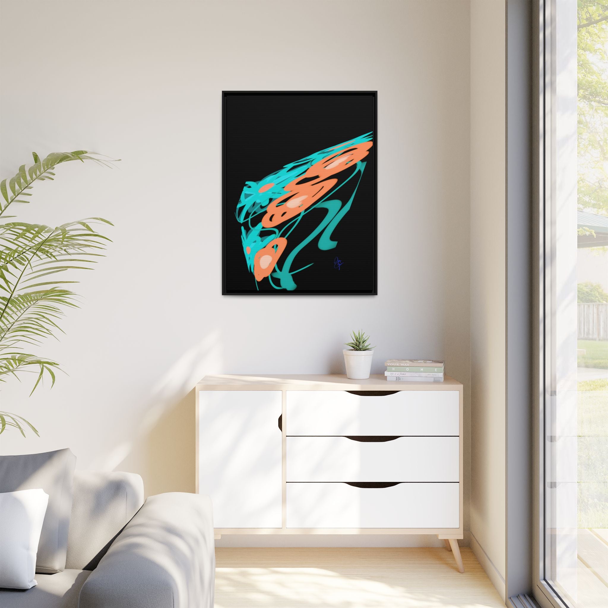 Abstract Teal & Coral Splash Framed Canvas