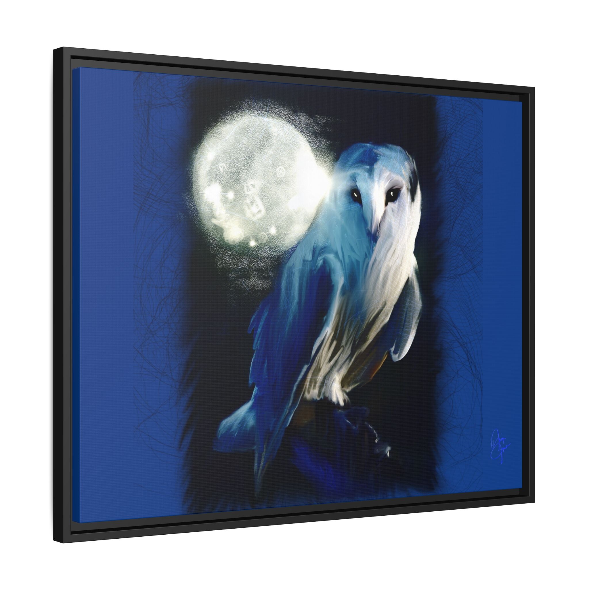 Moonlight Owl Matte Framed Canvas — Mystical Blue Owl Wall Art
