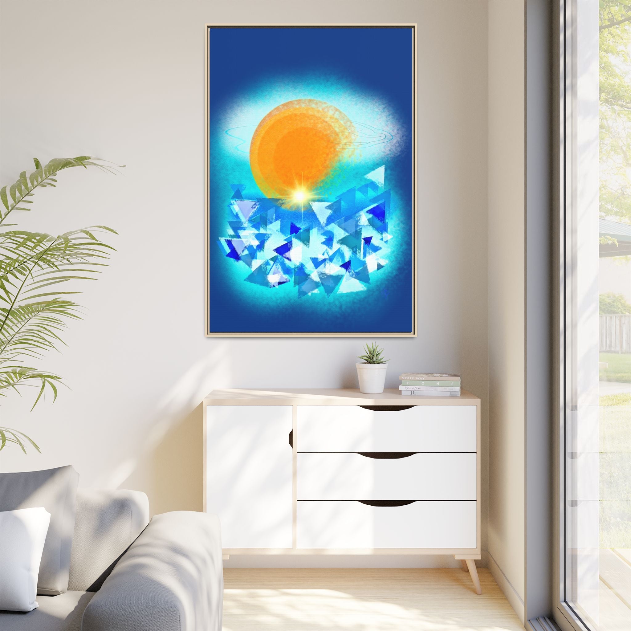 Abstract Sunrise Framed Canvas Art – Orange Sun Over Blue Geometric Waves