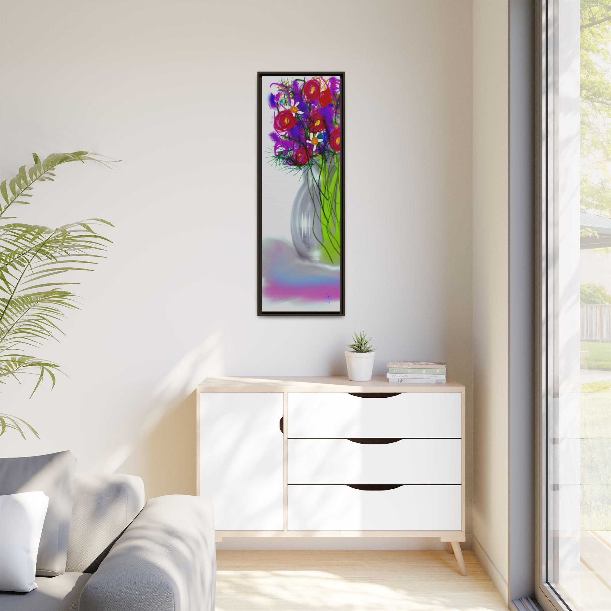 Framed Floral Bouquet Matte Canvas Wall Art — Colorful Abstract Flowers in Vase