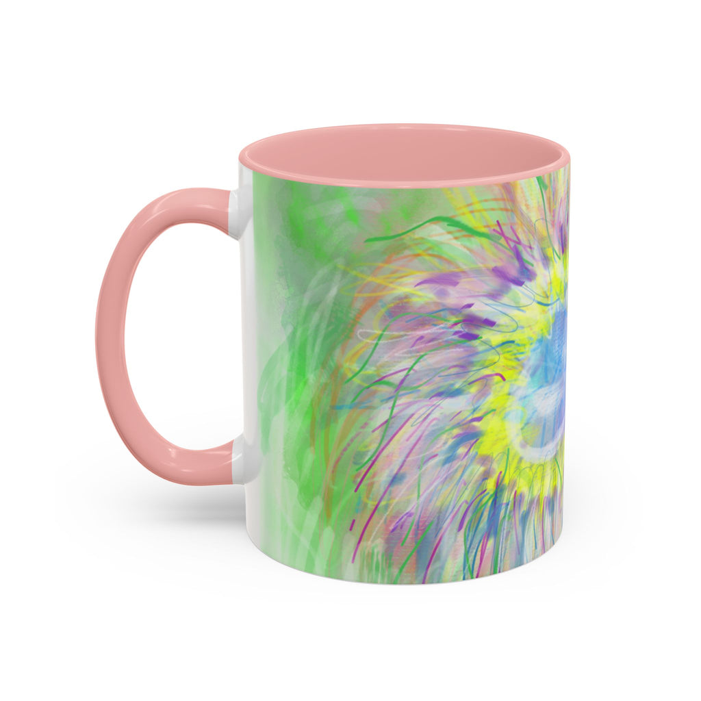 Colorful Sunflower Accent Coffee Mug — Pink Inner Artistic Floral Design (11/15 oz)
