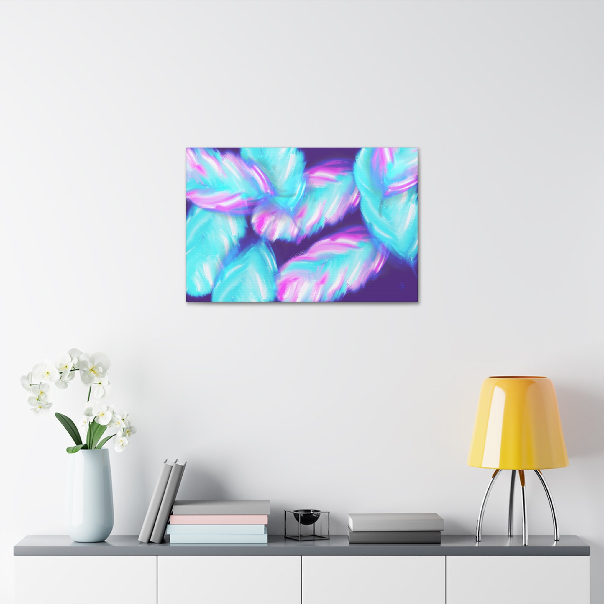 Abstract Neon Feathers Canvas Print — Turquoise & Pink Stretched Wall Art