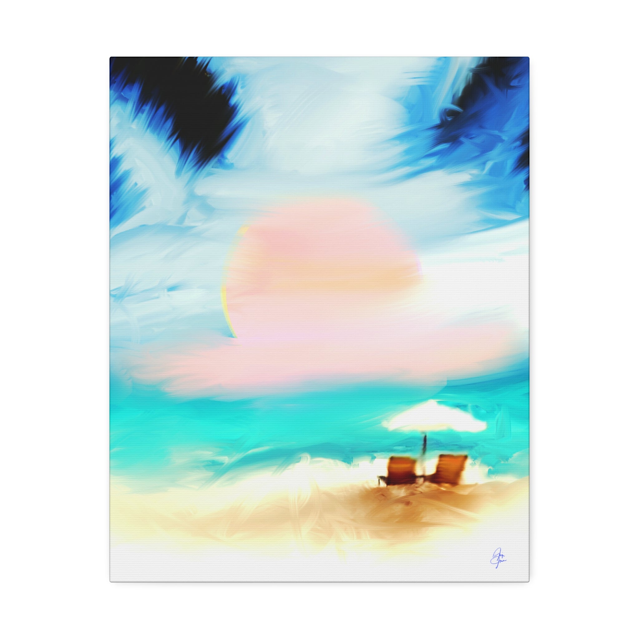 Beach Sunset Canvas Wall Art — Tropical Chairs & Umbrella Stretched Canvas