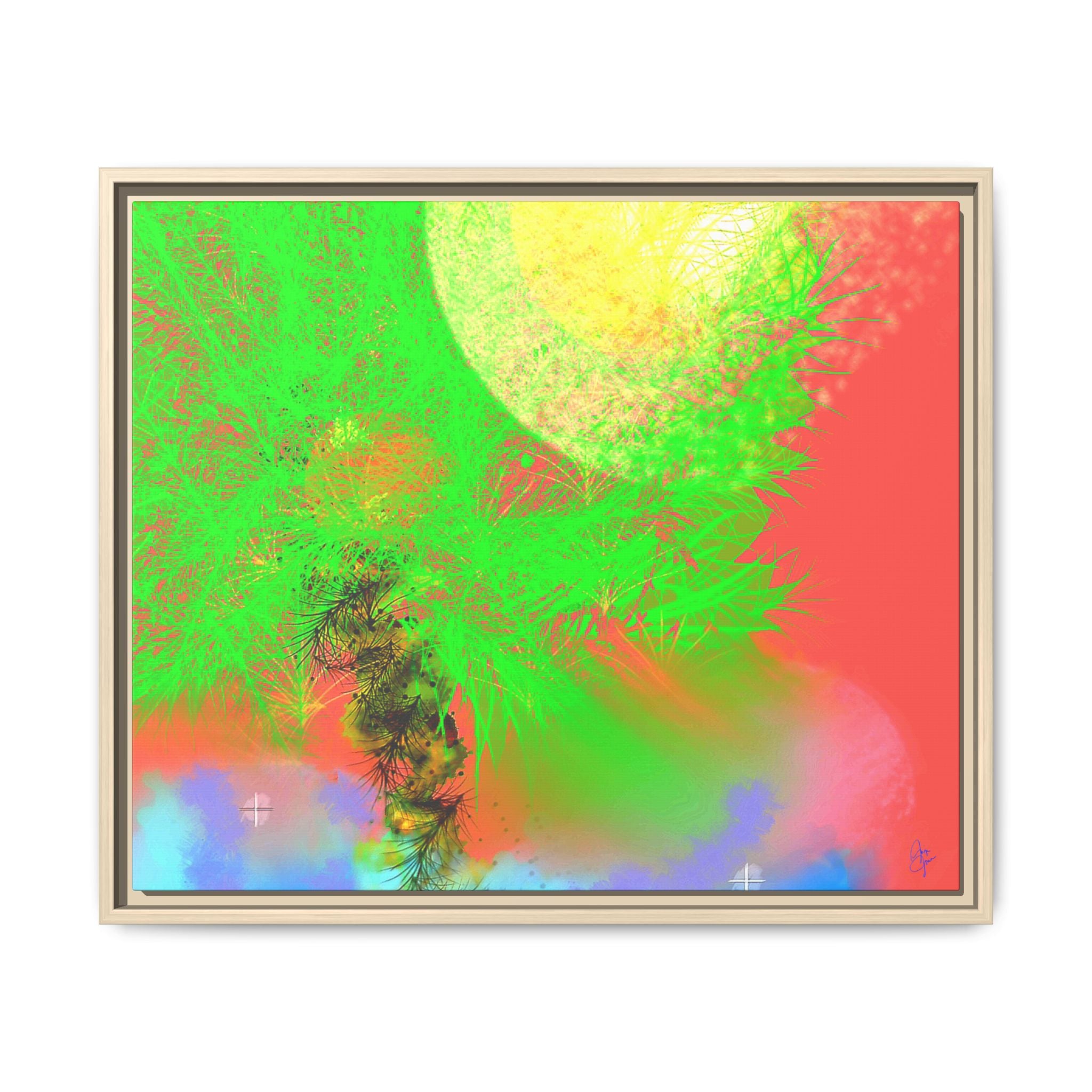 Abstract Neon Tree Matte Canvas Framed Art — Vibrant Green Moon Landscape