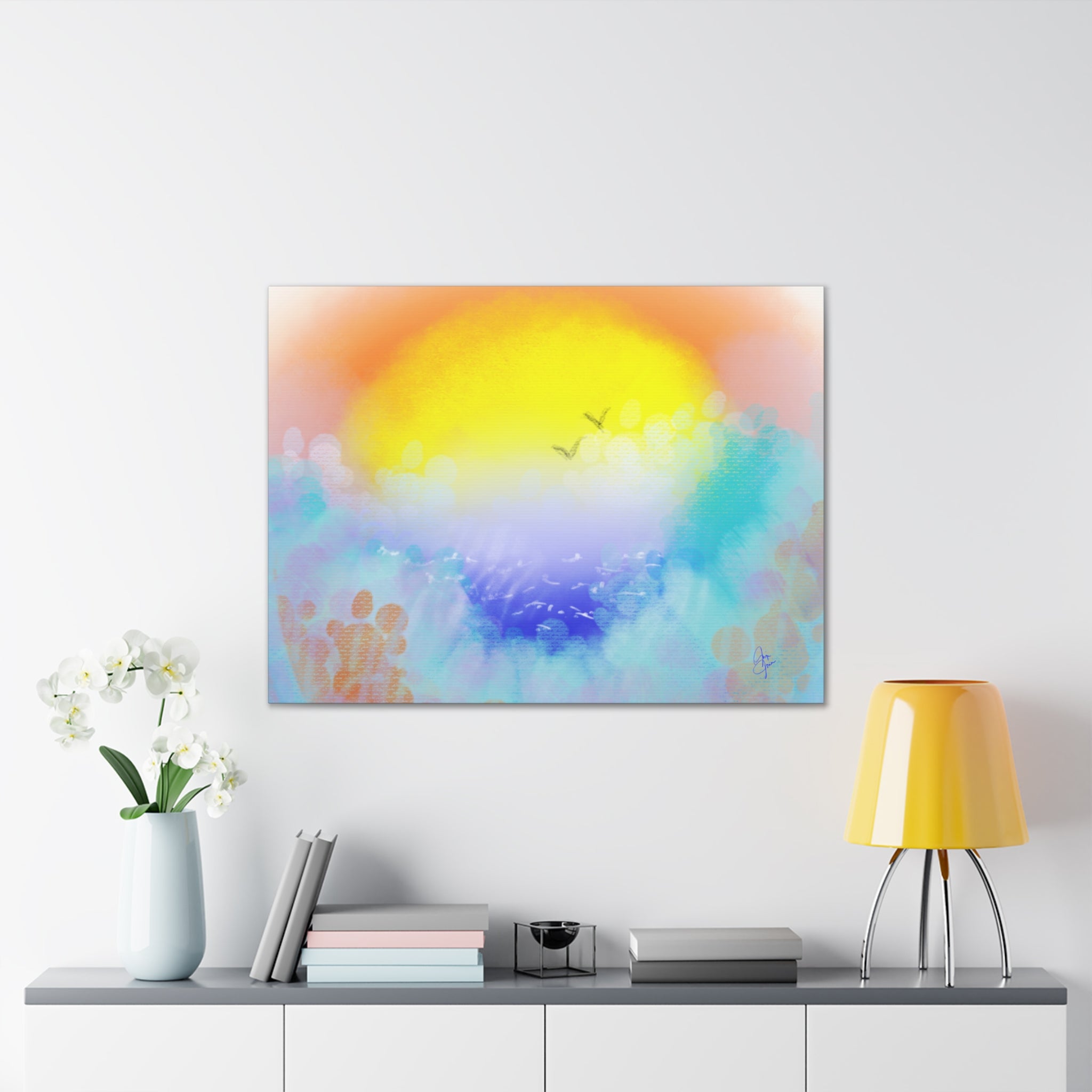 Sunrise Seascape Canvas Wall Art – Pastel Ocean Waves with Birds