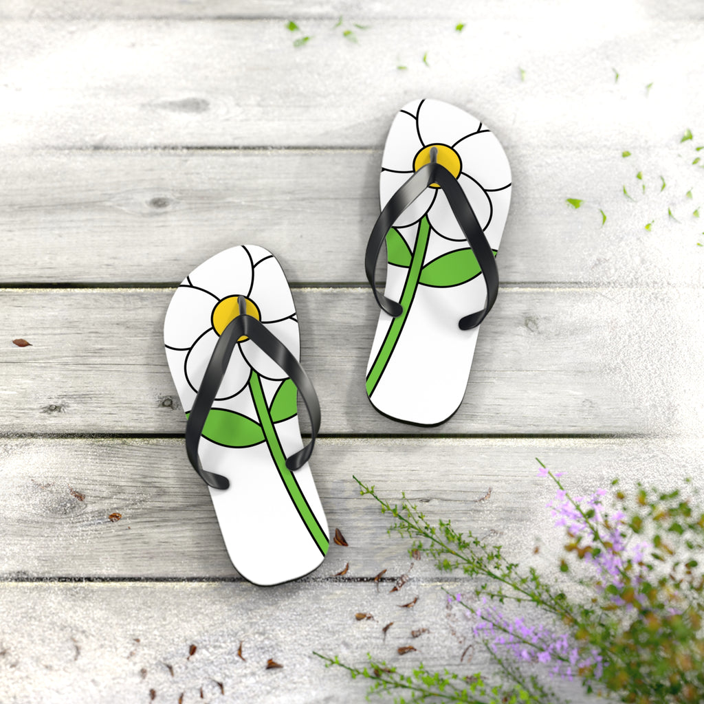 Daisy Print Flip Flops — Cute White & Yellow Flower Beach Sandals